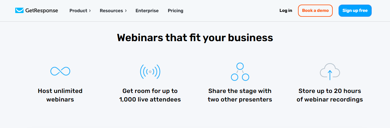GetResponse webinar page section Webinars that fit your business: host unlimited webinars, room for up to 1,000 live attendees, share the stage with two other presenters, and store up to 20 hours of webinar recordings