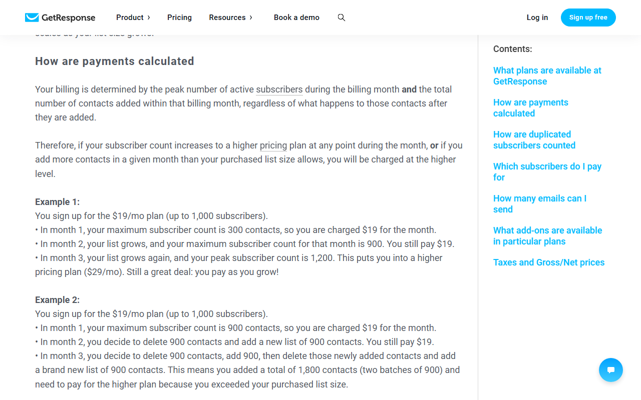 GetResponse help center section How are payments calculated, explaining that billing is determined by the peak number of active subscribers and the total number of contacts added within the billing month, with Example 1 moving from the 19 dollar plan to the 29 dollar plan at 1,200 subscribers and Example 2 where deleting and re-adding 900 contacts twice counts as 1,800 contacts added