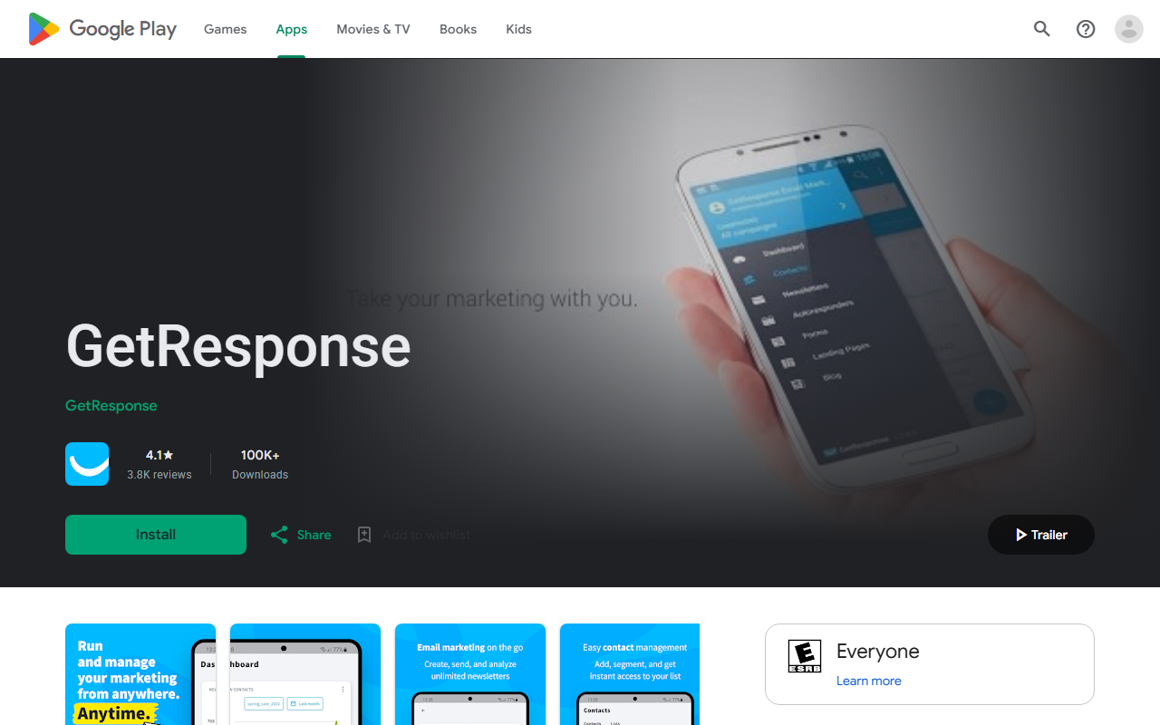 Google Play listing for GetResponse by GetResponse, US storefront in English: 4.1 stars from 3.8K reviews, 100K+ downloads, rated Everyone, with an Install button and a Trailer button