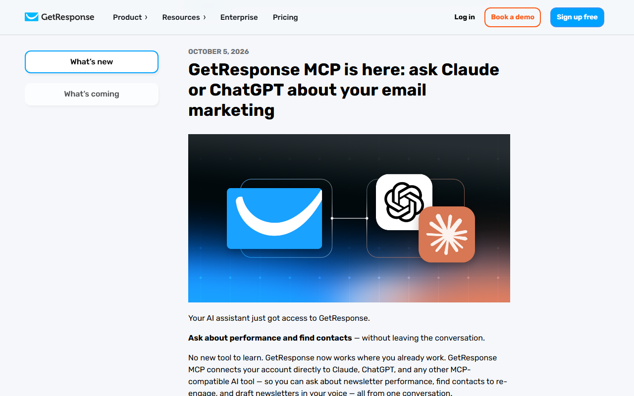 GetResponse What's new entry dated October 5, 2026, GetResponse MCP is here: ask Claude or ChatGPT about your email marketing, with an illustration linking the GetResponse envelope logo to the ChatGPT and Claude logos
