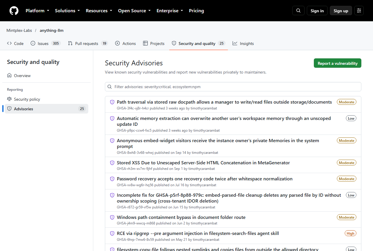 GitHub Security Advisories page for Mintplex-Labs/anything-llm showing 25 advisories, including a path traversal rated Moderate, a memory overwrite rated Low and an RCE rated High