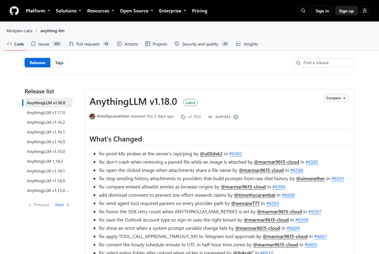 GitHub releases page for AnythingLLM listing recent versions including v1.18.0