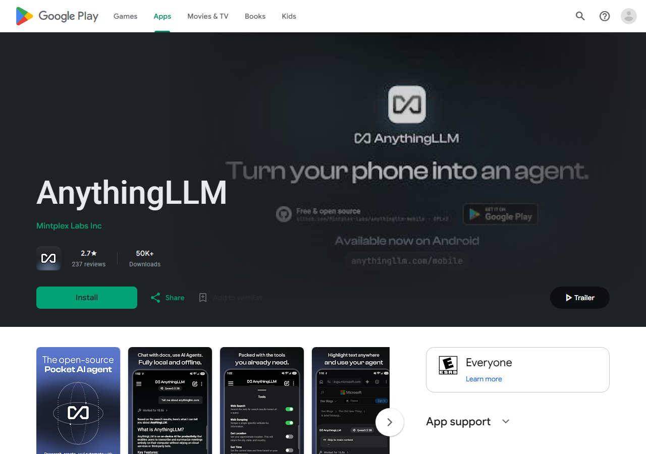 Google Play listing for the AnythingLLM Android app by Mintplex Labs Inc showing 2.7 stars, 237 reviews, 50K+ downloads and an Install button