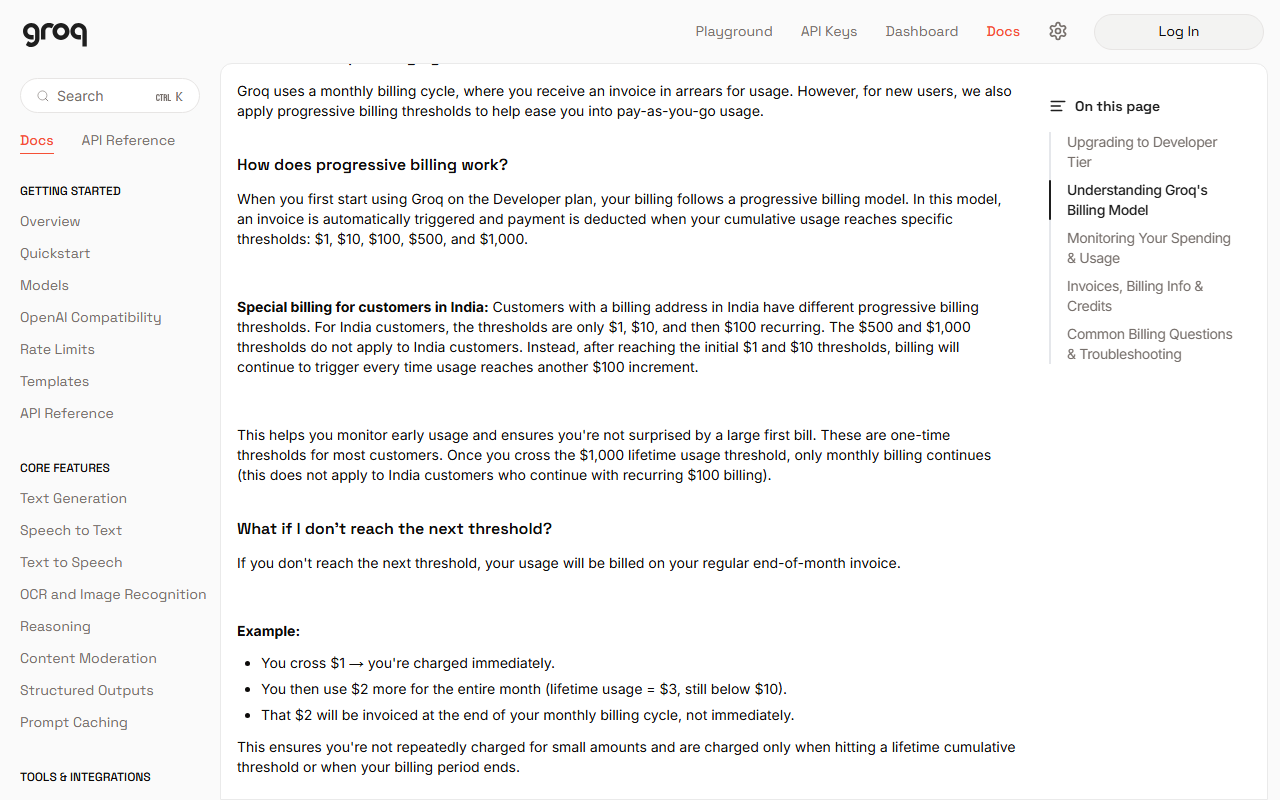 Groq Billing FAQs page section How does progressive billing work, explaining invoices at cumulative usage of $1, $10, $100, $500 and $1,000, a special rule for customers in India, and a worked example of crossing $1 and then using $2 more