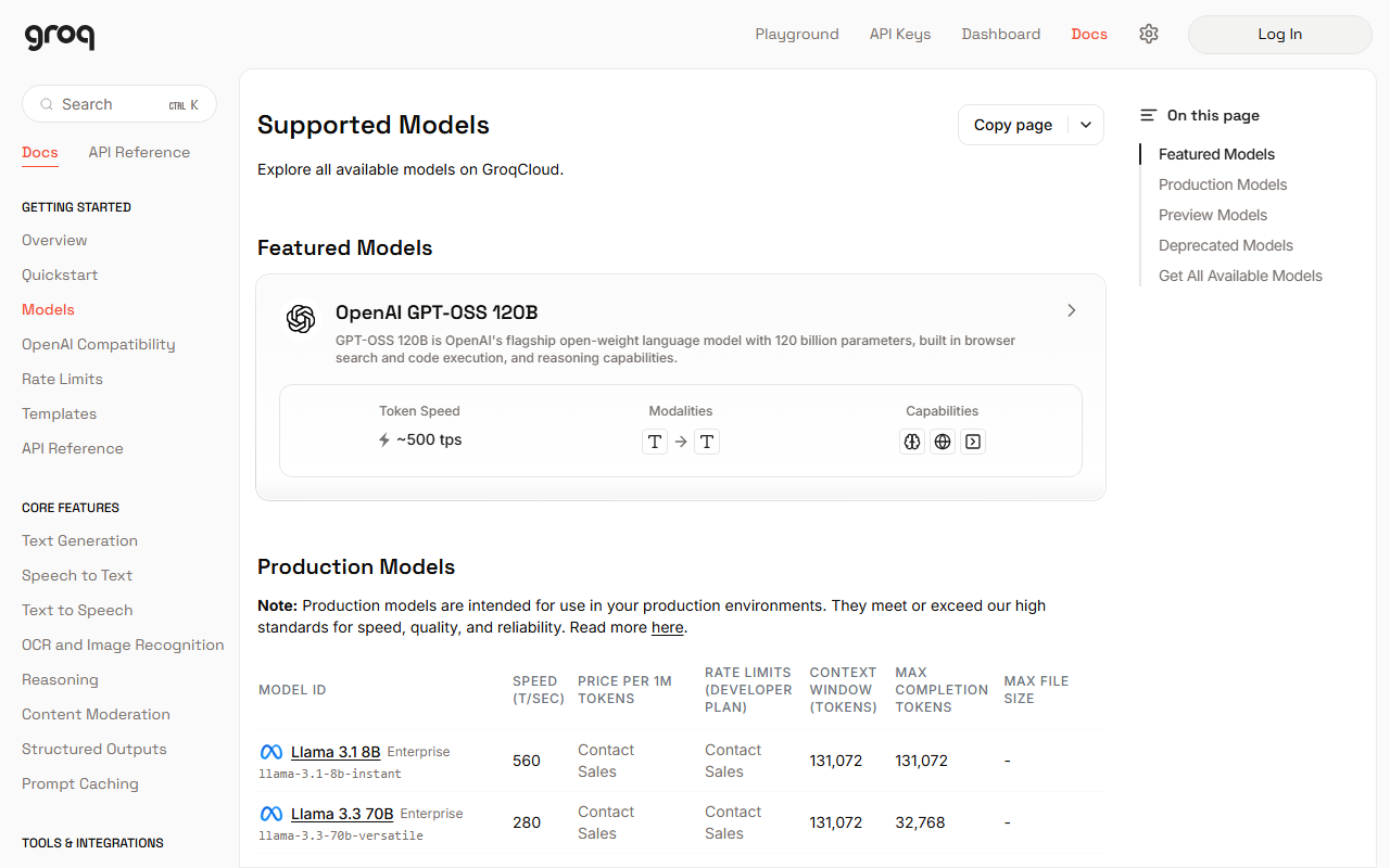 Groq docs Supported Models page with a featured card for OpenAI GPT-OSS 120B at about 500 tokens per second, and the start of the production models table where Llama 3.1 8B and Llama 3.3 70B carry an Enterprise label and Contact Sales in the price column