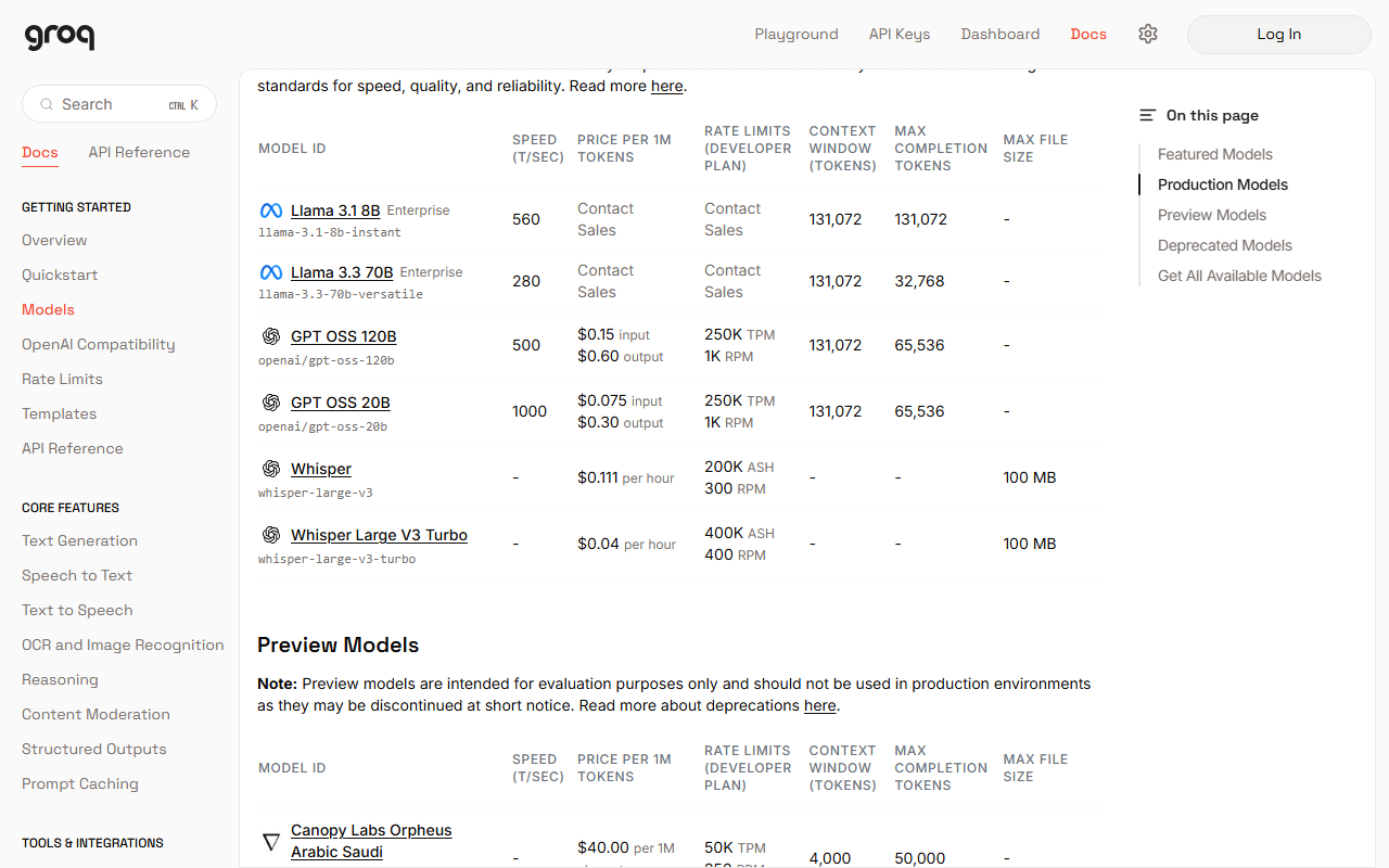 Groq docs Supported Models table with production rows for Llama 3.1 8B and Llama 3.3 70B marked Enterprise with Contact Sales, GPT OSS 120B at $0.15 input and $0.60 output, GPT OSS 20B at $0.075 and $0.30, Whisper at $0.111 per hour and Whisper Large V3 Turbo at $0.04 per hour