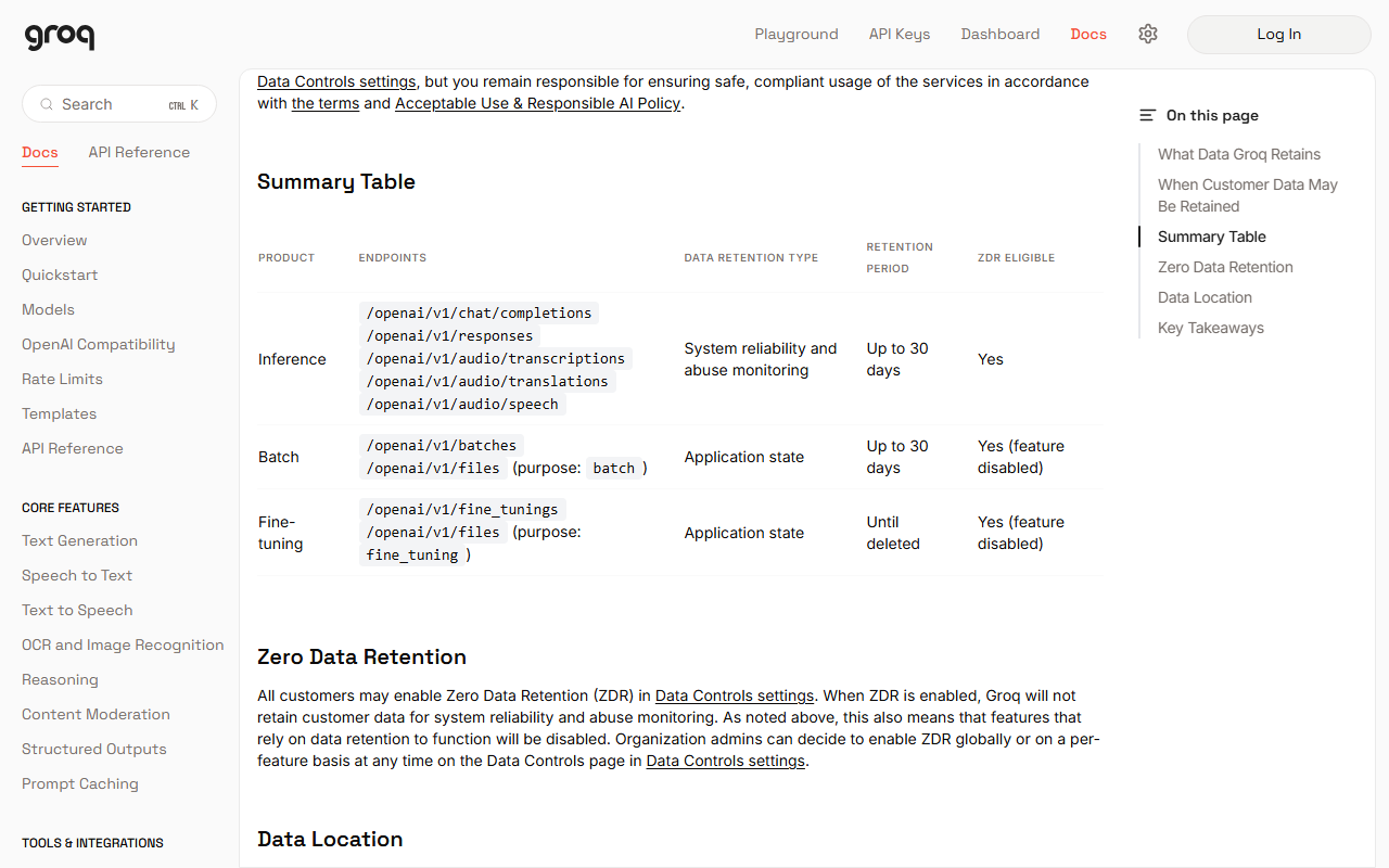 Groq docs Your Data in GroqCloud summary table: inference endpoints retained up to 30 days for system reliability and abuse monitoring and ZDR eligible, batch files up to 30 days, fine-tuning until deleted, followed by the Zero Data Retention section