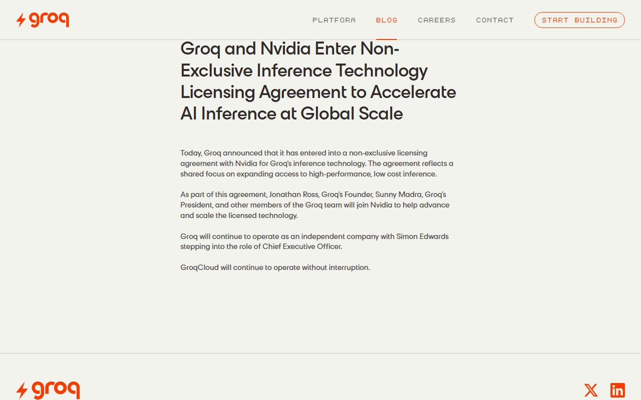 Groq newsroom post titled Groq and Nvidia Enter Non-Exclusive Inference Technology Licensing Agreement to Accelerate AI Inference at Global Scale, with four short paragraphs saying Jonathan Ross and Sunny Madra will join Nvidia, Simon Edwards becomes CEO and GroqCloud will continue to operate without interruption