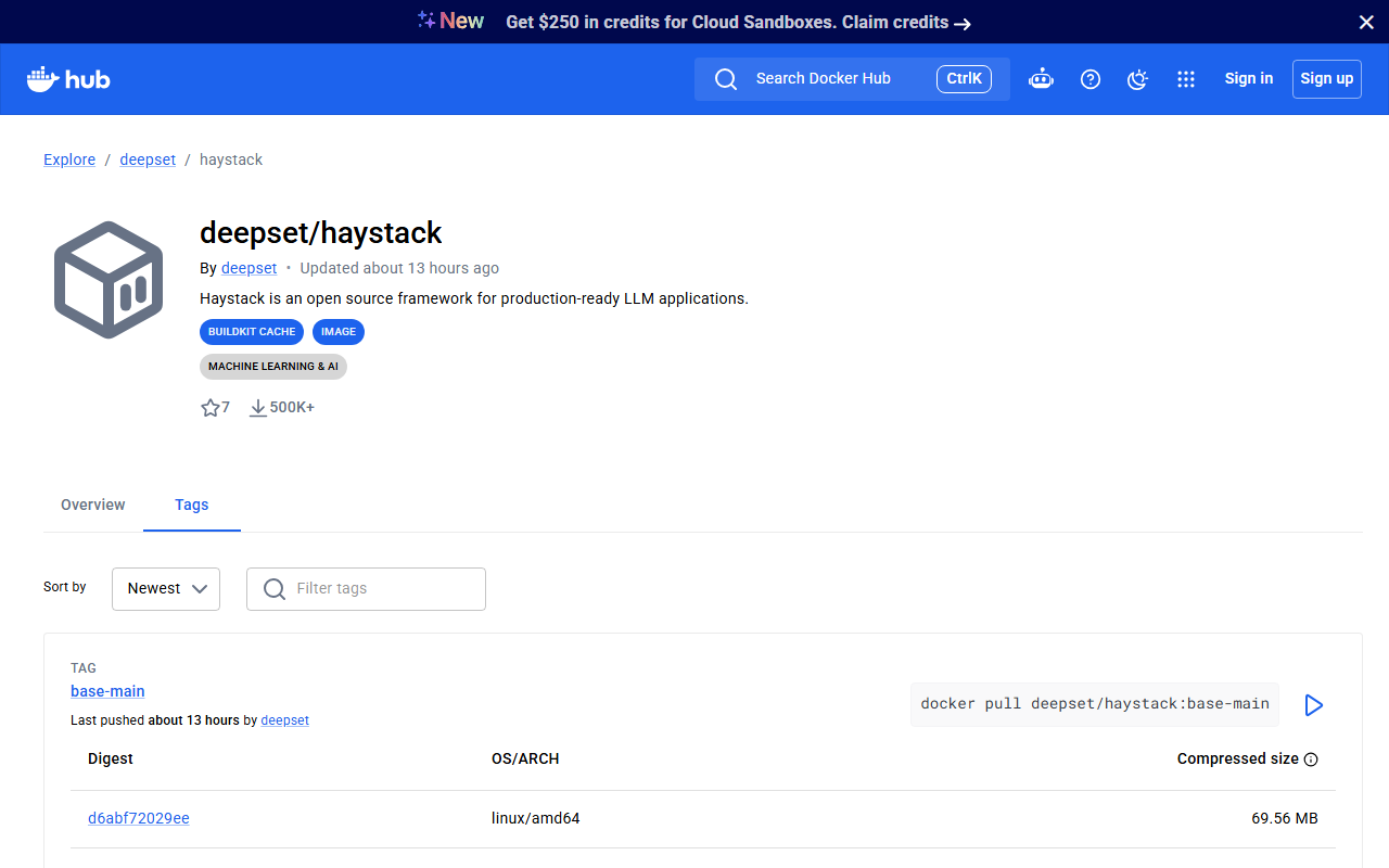 Docker Hub page for deepset/haystack by deepset, updated about 13 hours earlier, described as an open source framework for production-ready LLM applications, with 500K+ pulls, the Tags tab sorted by newest showing base-main last pushed about 13 hours earlier with a linux/amd64 digest of 69.56 MB compressed