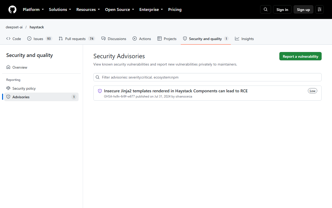GitHub Security Advisories page for deepset-ai/haystack listing one advisory, Insecure Jinja2 templates rendered in Haystack Components can lead to RCE, GHSA-hx9v-6r9f-w677, published on Jul 31, 2024 by silvanocerza, with a Low severity label