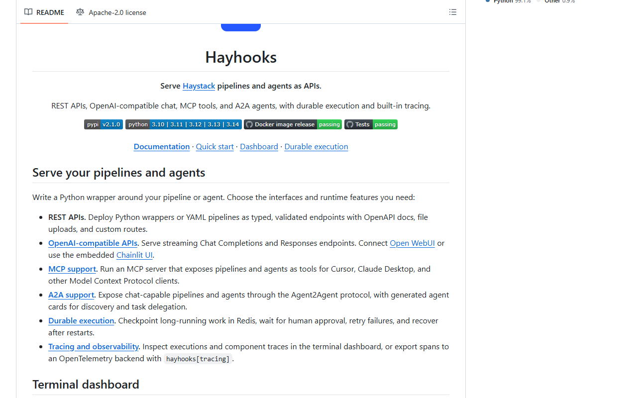 Hayhooks README on GitHub, Apache-2.0 license, titled Serve Haystack pipelines and agents as APIs, listing REST APIs, OpenAI-compatible APIs for Open WebUI or Chainlit, MCP support for Cursor and Claude Desktop, A2A support, durable execution with Redis checkpoints and human approval, and tracing to an OpenTelemetry backend, with badges for PyPI v2.1.0 and Python 3.10 to 3.14