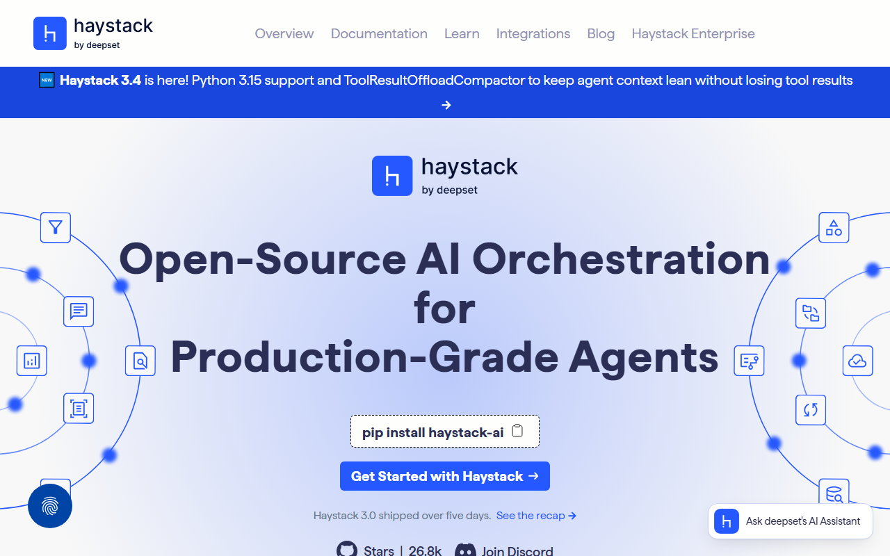 Haystack home page with a blue banner reading Haystack 3.4 is here! Python 3.15 support and ToolResultOffloadCompactor, the headline Open-Source AI Orchestration for Production-Grade Agents, the command pip install haystack-ai, a Get Started with Haystack button, a line saying Haystack 3.0 shipped over five days, and a GitHub stars counter of 26.8k
