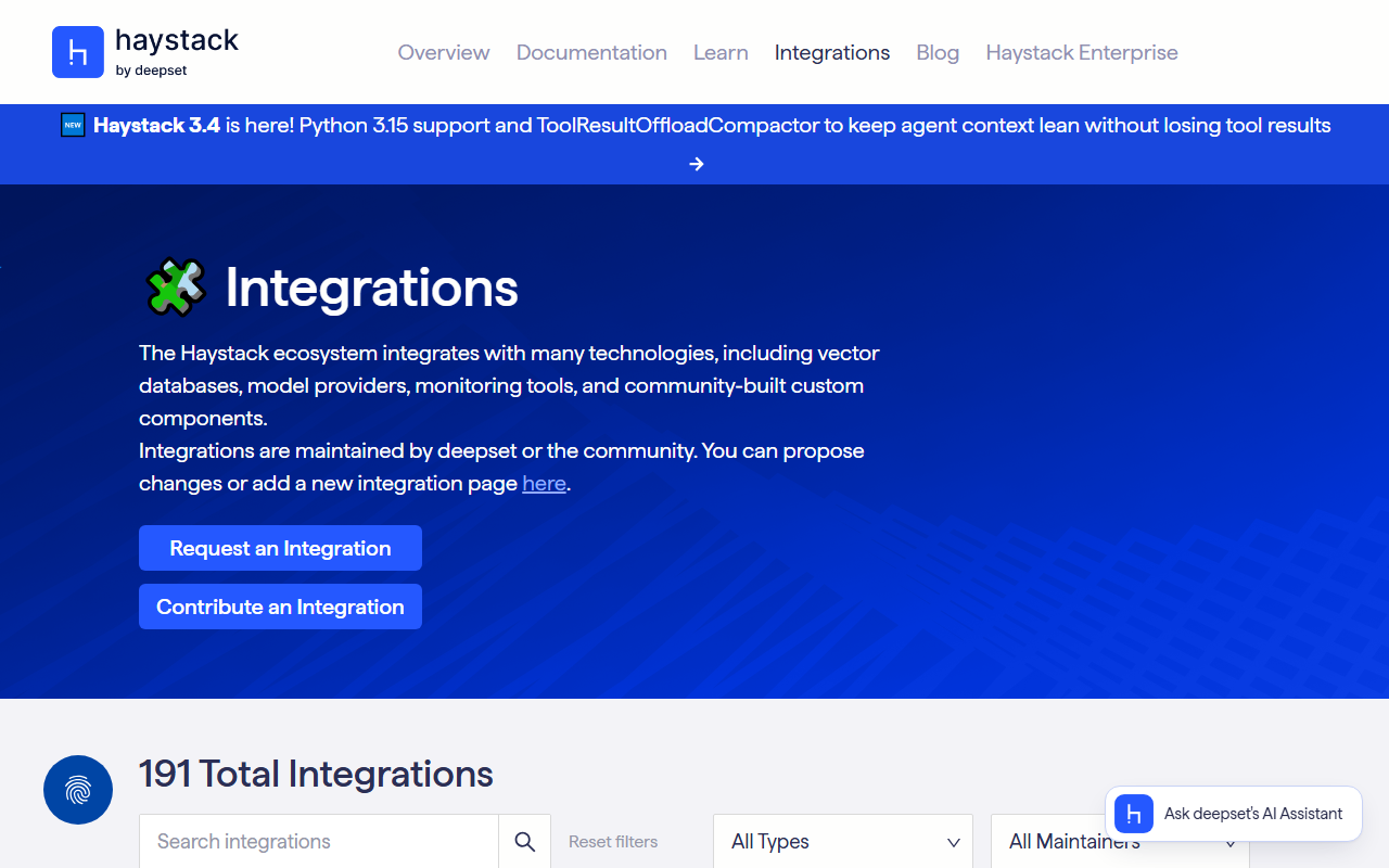 Haystack Integrations page with the line The Haystack ecosystem integrates with many technologies, including vector databases, model providers, monitoring tools, and community-built custom components, a note that integrations are maintained by deepset or the community, buttons to request or contribute an integration, and a counter reading 191 Total Integrations above a search box and type and maintainer filters