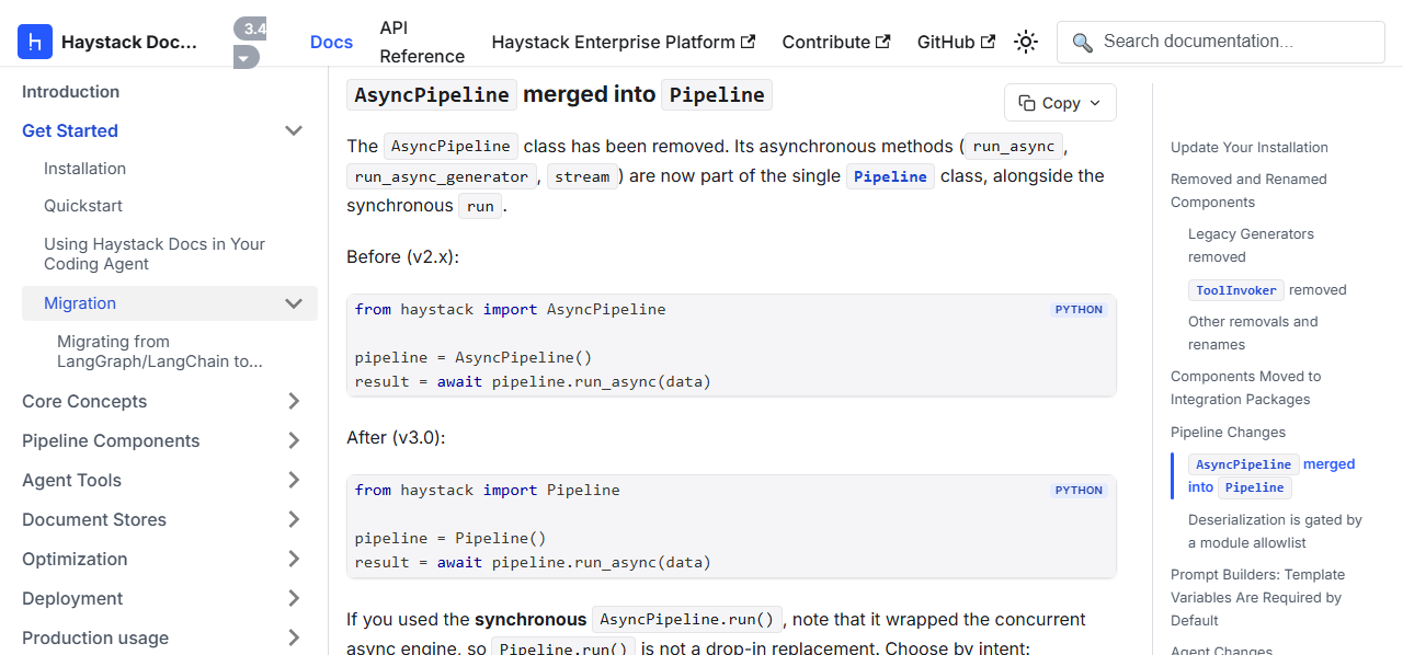 Haystack migration guide section AsyncPipeline merged into Pipeline, showing before code importing AsyncPipeline and after code importing Pipeline with await pipeline.run_async(data), and a note that synchronous AsyncPipeline.run wrapped the concurrent async engine so Pipeline.run is not a drop-in replacement, with examples asyncio.run(pipeline.run_async(data, concurrency_limit=4)) and pipeline.run(data)