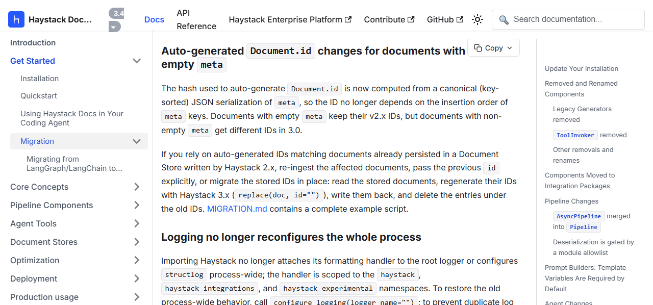 Haystack migration guide section Auto-generated Document.id changes for documents with non-empty meta, explaining the hash now uses key-sorted JSON of meta, that documents with empty meta keep their 2.x IDs while documents with non-empty meta get different IDs in 3.0, and that users relying on stored IDs should re-ingest, pass the previous id, or migrate IDs in place, followed by the section Logging no longer reconfigures the whole process