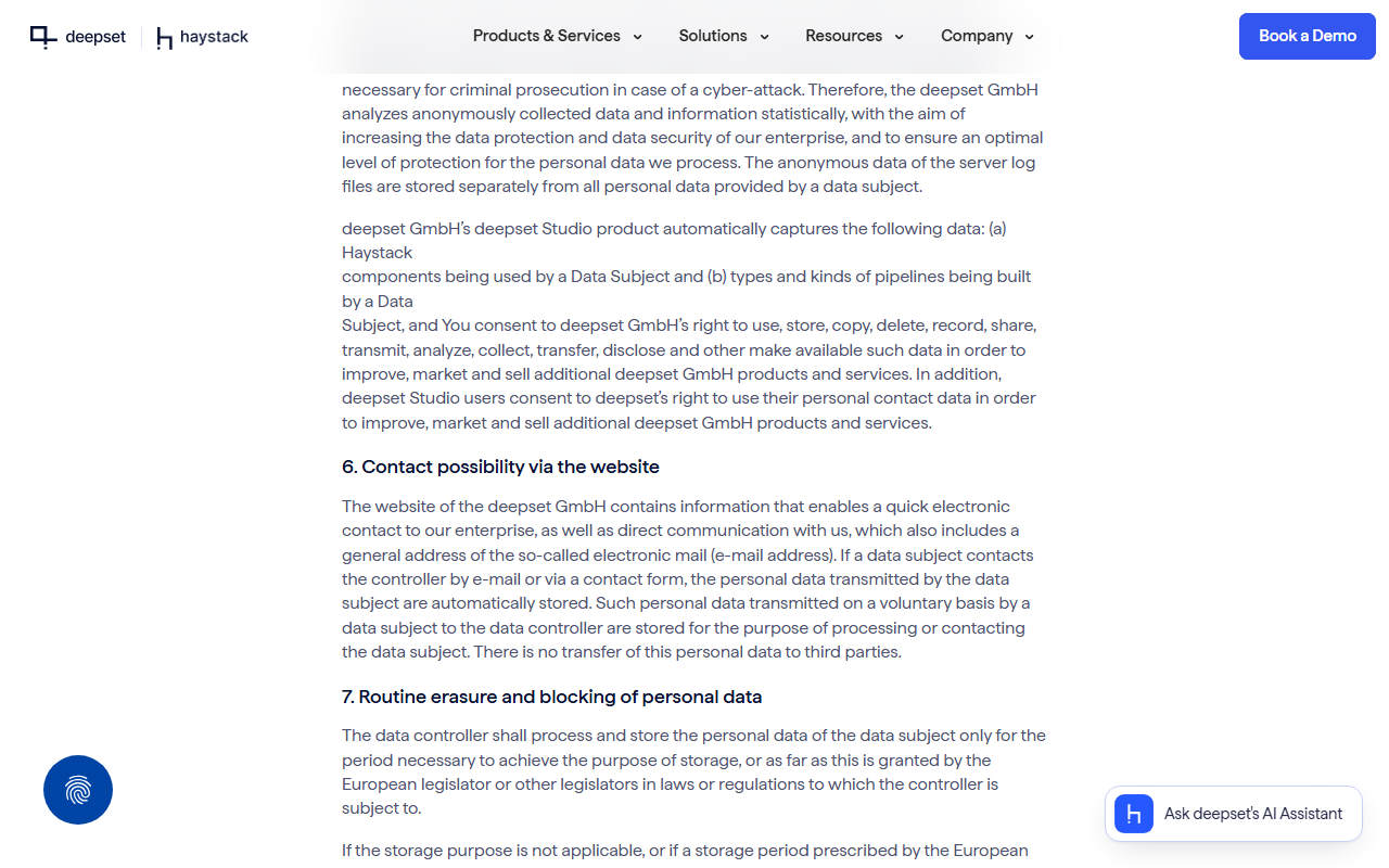 deepset privacy policy paragraph stating that deepset GmbH's deepset Studio product automatically captures the Haystack components being used and the types and kinds of pipelines being built, that the user consents to deepset using, storing, sharing and analyzing that data to improve, market and sell additional deepset products and services, and that Studio users consent to deepset using their personal contact data for the same purpose, followed by section 6 Contact possibility via the website