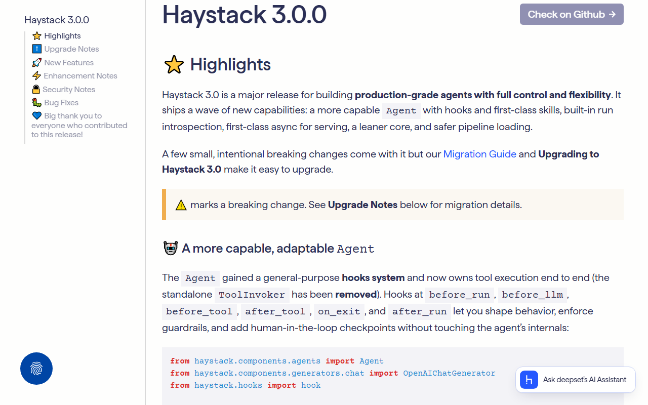 Haystack 3.0.0 release notes page with a Highlights section saying Haystack 3.0 is a major release for building production-grade agents with full control and flexibility, a note that a few small intentional breaking changes come with it, a warning sign marking breaking changes, and a section A more capable, adaptable Agent describing the hooks system and the removed ToolInvoker with hooks at before_run, before_llm, before_tool, after_tool, on_exit and after_run