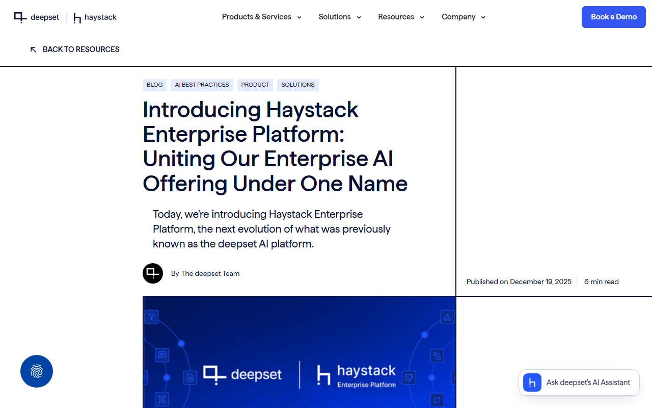 deepset blog post titled Introducing Haystack Enterprise Platform: Uniting Our Enterprise AI Offering Under One Name, with the subtitle Today, we're introducing Haystack Enterprise Platform, the next evolution of what was previously known as the deepset AI platform, by The deepset Team, published on December 19, 2025, above a banner with the deepset and haystack Enterprise Platform logos