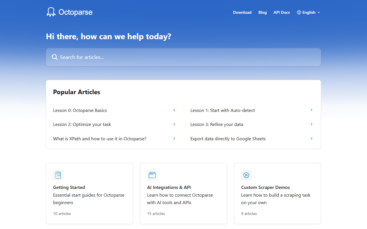 Octoparse help center home page with a search box, popular articles such as Lesson 0 Octoparse Basics and Lesson 1 Start with Auto-detect, and article collections such as Getting Started, Troubleshooting and Billing and Subscription