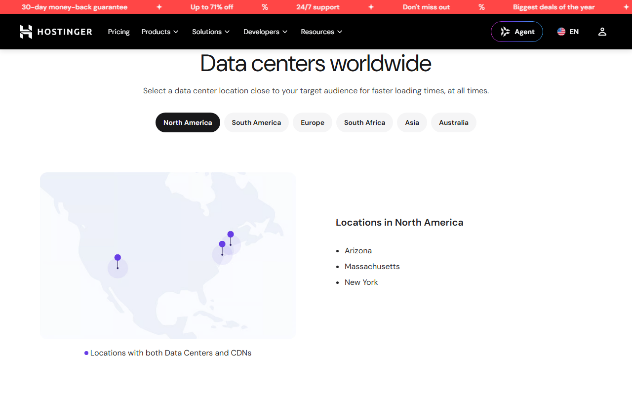 Hostinger cloud hosting page section Data centers worldwide with region tabs for North America, South America, Europe, South Africa, Asia and Australia, a map of the United States with pins, and the list Locations in North America: Arizona, Massachusetts, New York