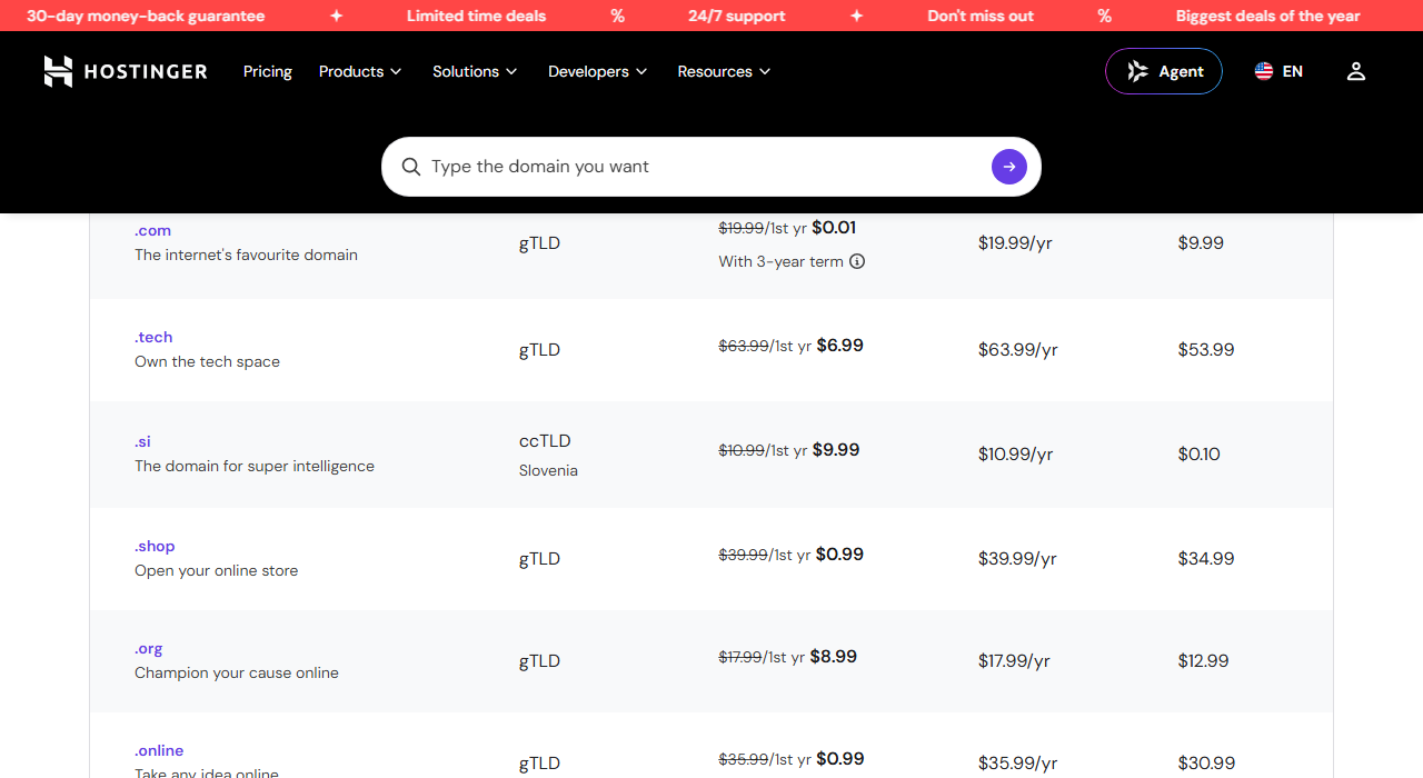 Hostinger domain price table: .com, the internet's favourite domain, gTLD, 19.99 dollars struck through to 0.01 dollars for the first year with a 3-year term, renews at 19.99 dollars a year, transfer 9.99; below it .tech, .si, .shop, .org and .online with their first-year and renewal prices