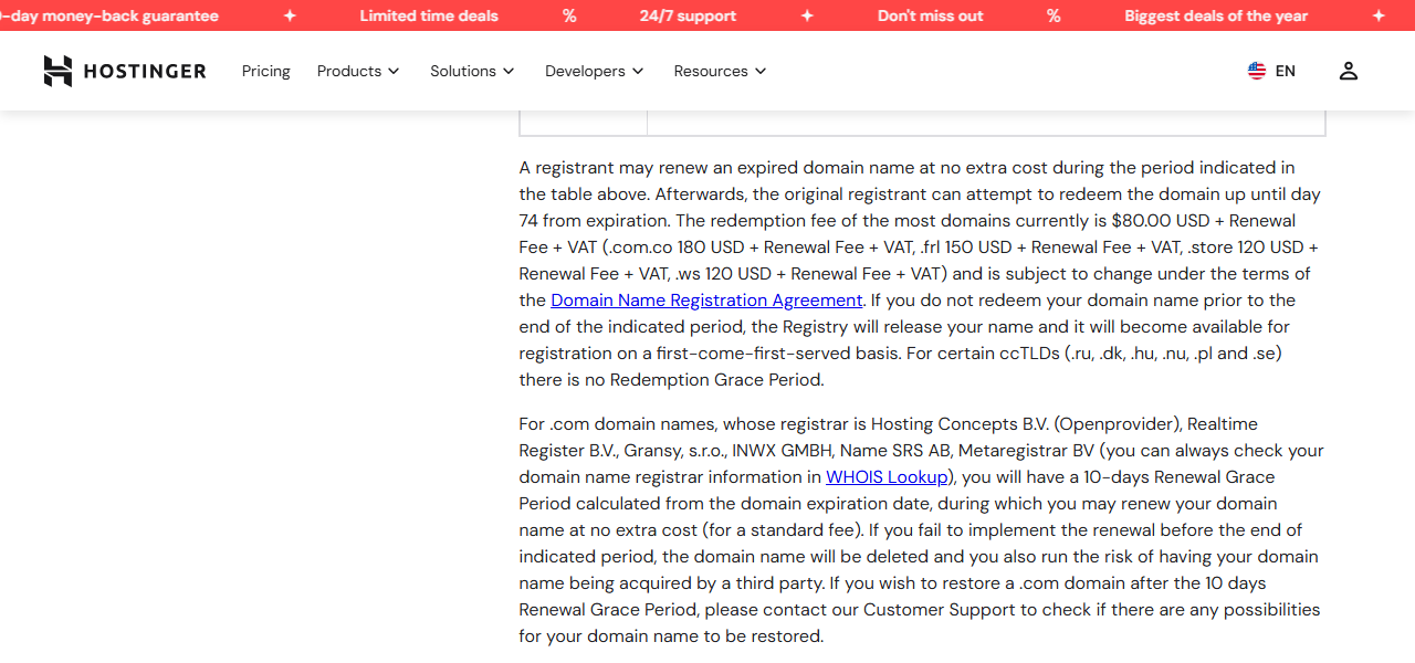 Policy paragraph stating the redemption fee for most domains is currently 80 dollars plus renewal fee plus VAT, with higher fees for .com.co, .frl, .store and .ws, and a 10-day renewal grace period for .com domains held at certain partner registrars