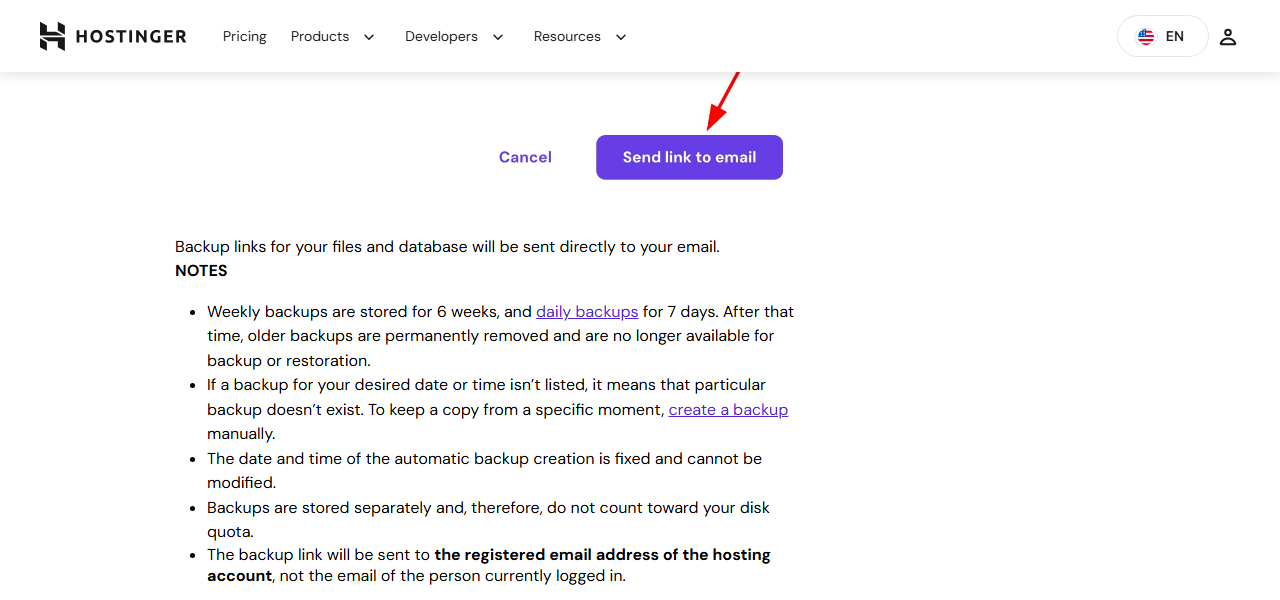 Notes in the Hostinger help article on downloading backups: weekly backups are stored for 6 weeks and daily backups for 7 days, after which they are permanently removed; backup date and time cannot be changed; backups do not count toward disk quota; links go to the registered email of the account owner