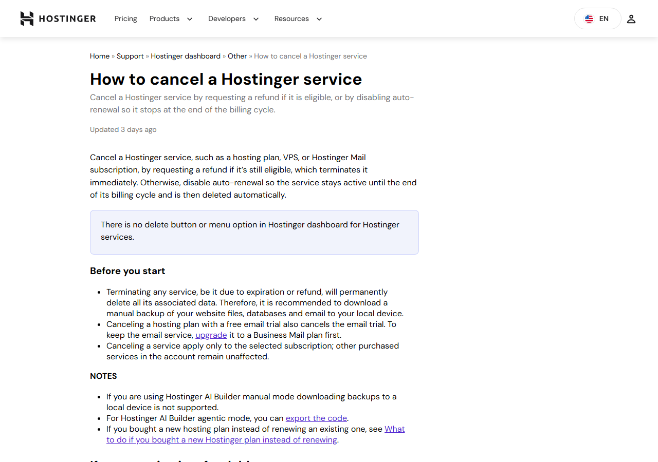 Hostinger help article How to cancel a Hostinger service: cancel by requesting a refund if eligible, which terminates it immediately, or by disabling auto-renewal; a note that there is no delete button in the dashboard; and a Before you start list warning that terminating any service permanently deletes its data and that canceling a hosting plan also cancels the free email trial