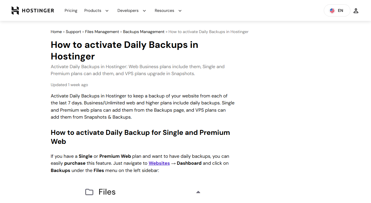 Hostinger help article How to activate Daily Backups in Hostinger, saying Business or Unlimited web and higher plans include daily backups, Single and Premium web plans can add them from the Backups page, and explaining the purchase path under the Files menu
