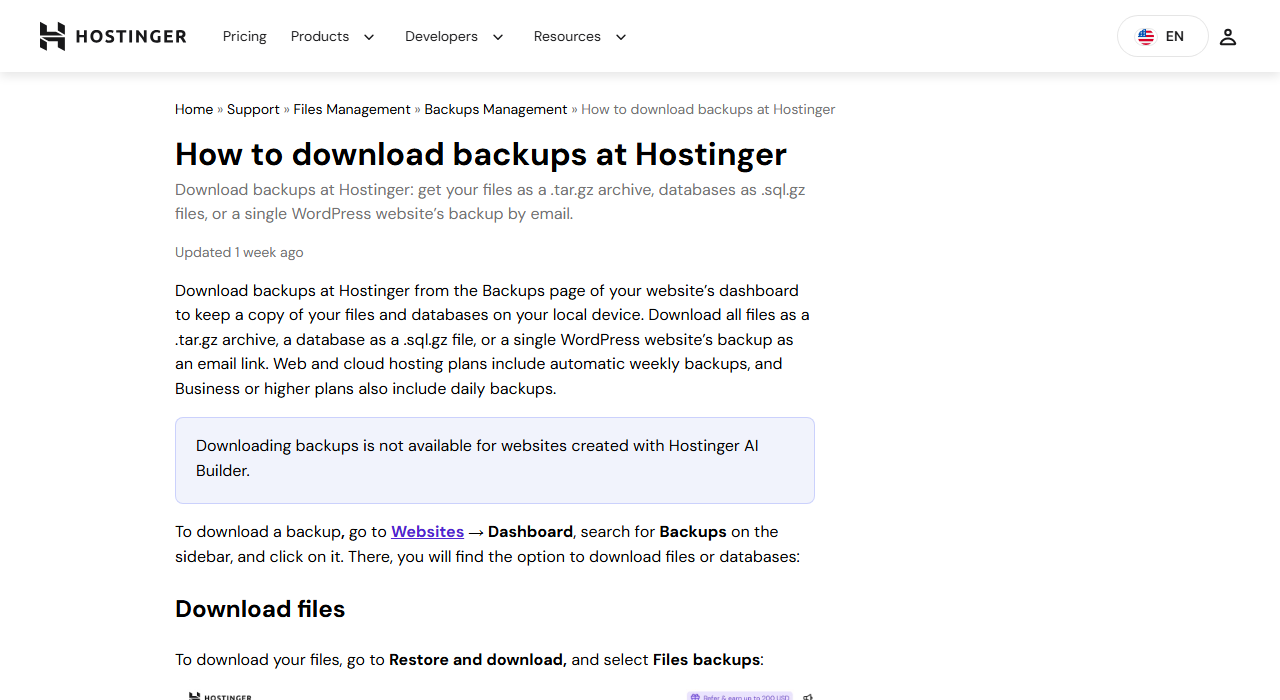 Hostinger help article How to download backups at Hostinger, describing .tar.gz file archives and .sql.gz database downloads, weekly backups on web and cloud plans and daily backups on Business or higher, with a highlighted note that downloading backups is not available for websites created with Hostinger AI Builder