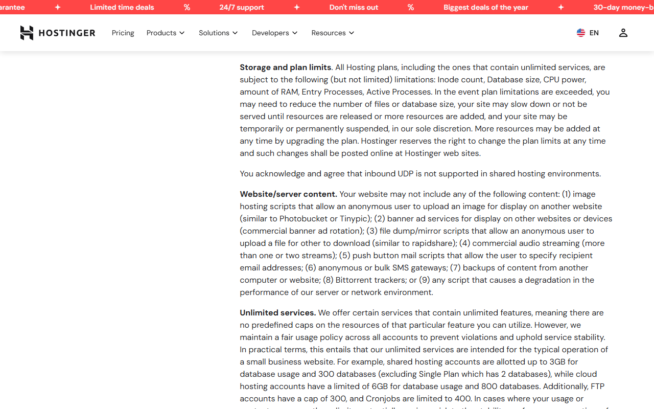 Hosting Agreement section 5: all hosting plans including unlimited ones are limited by inode count, database size, CPU power, RAM, entry processes and active processes, sites may slow down or be suspended when limits are exceeded; prohibited content list; and the Unlimited services paragraph saying unlimited services are intended for the typical operation of a small business website