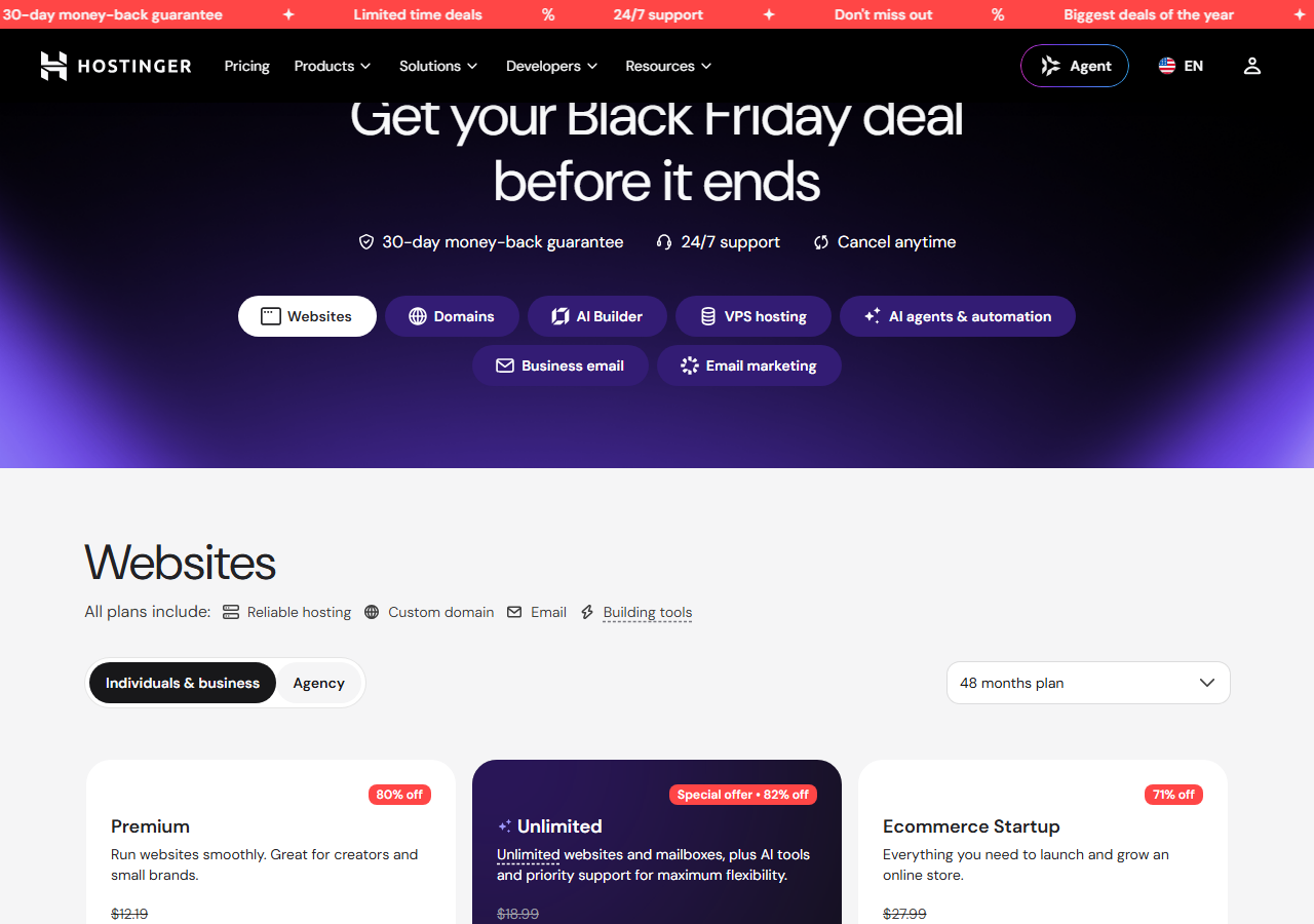 Hostinger Plans and pricing page headed Get your Black Friday deal before it ends, with 30-day money-back guarantee, 24/7 support and Cancel anytime, product tabs for Websites, Domains, AI Builder, VPS hosting, AI agents and automation, Business email and Email marketing, and a 48 months plan selector above the Premium, Unlimited and Ecommerce Startup cards