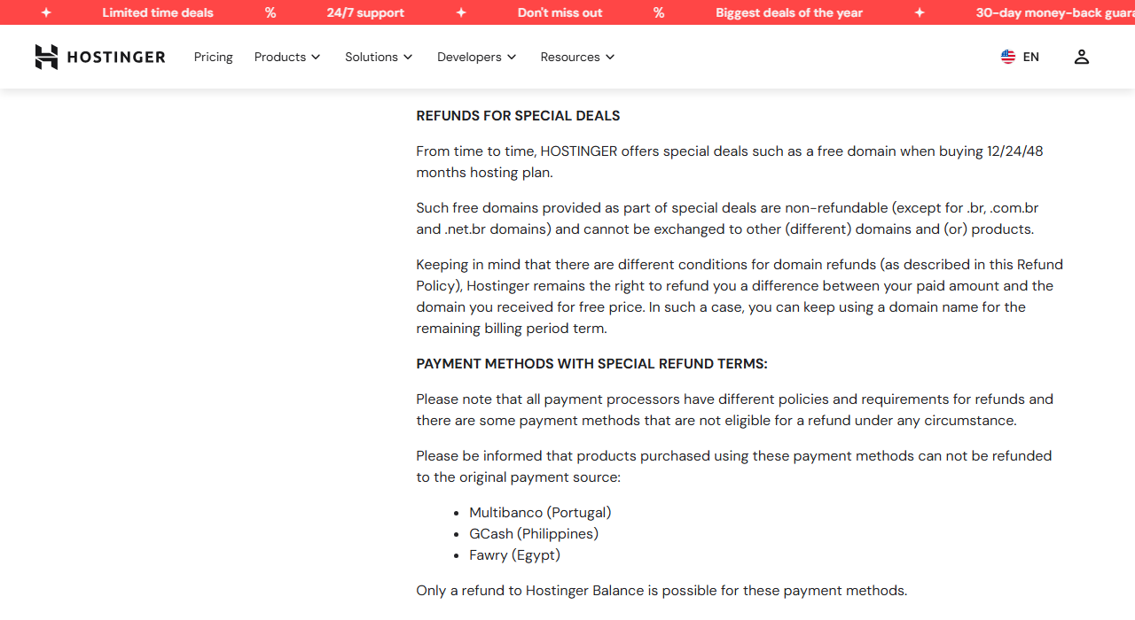 Refund Policy section Refunds for special deals: free domains given with 12, 24 or 48-month hosting plans are non-refundable except Brazilian domains and cannot be exchanged, and Hostinger may refund the difference between the amount paid and the free domain's price; below, payment methods with special refund terms