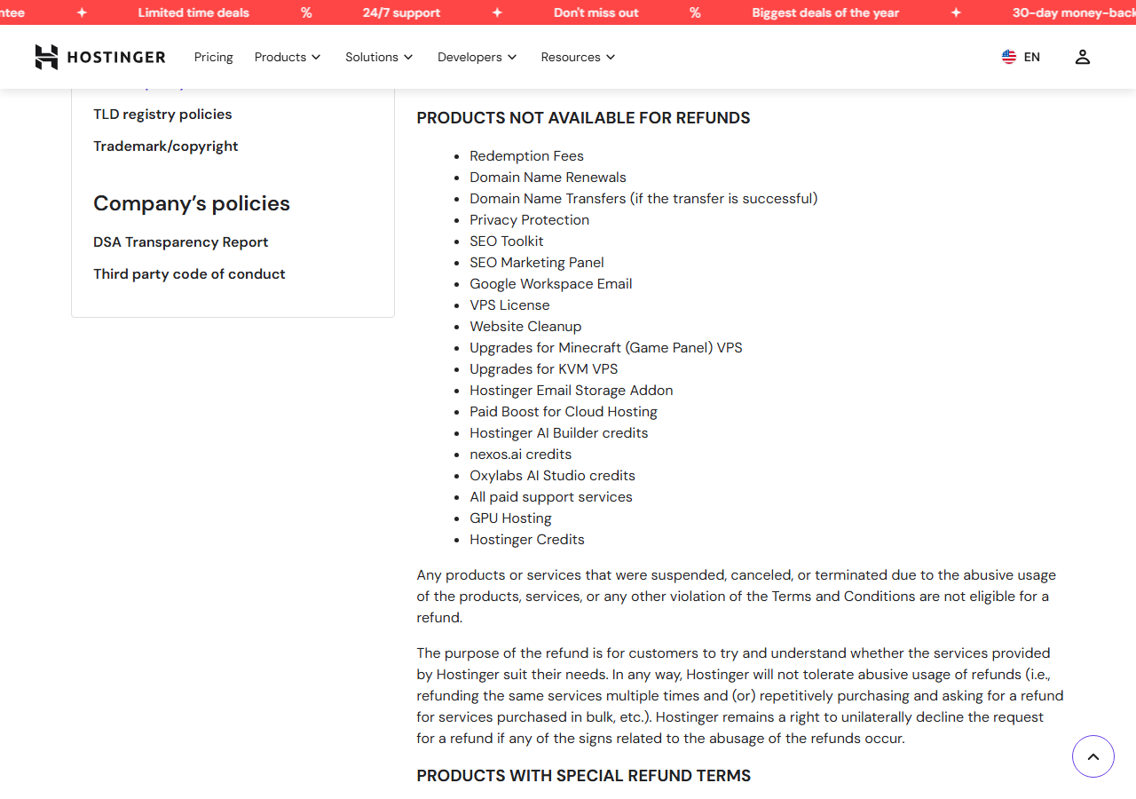Refund Policy section Products not available for refunds, listing redemption fees, domain name renewals, successful domain transfers, privacy protection, SEO toolkit, Google Workspace email, website cleanup, Hostinger email storage addon, Hostinger AI Builder credits, all paid support services and Hostinger credits, followed by a paragraph about refund abuse