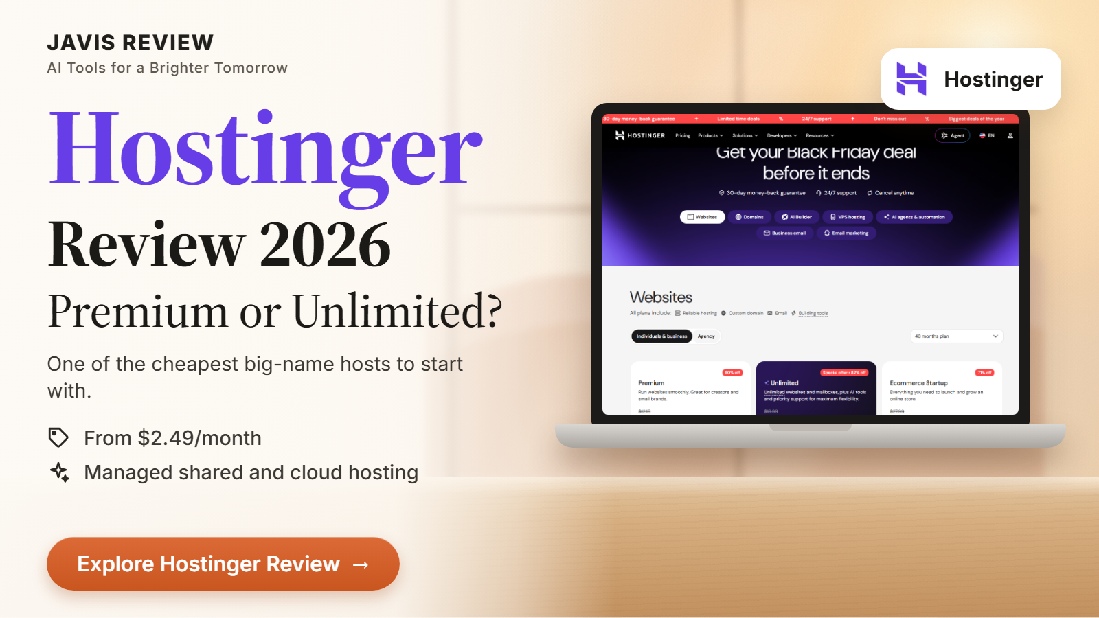 JAVIS thumbnail for the Hostinger review 2026 card