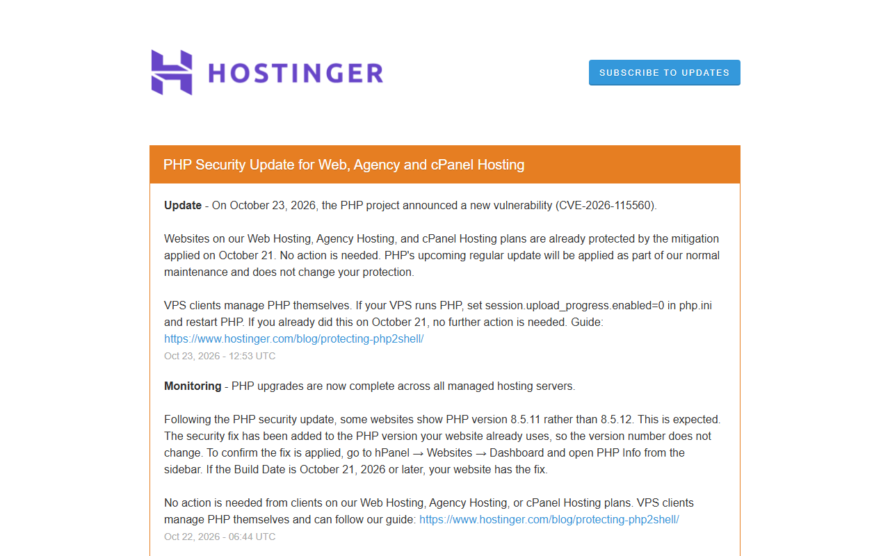 Hostinger status page with an orange banner PHP Security Update for Web, Agency and cPanel Hosting, an October 23, 2026 update on CVE-2026-115560 saying sites are already protected by the October 21 mitigation and giving VPS instructions, and an October 22 monitoring update that PHP upgrades are complete across managed hosting servers