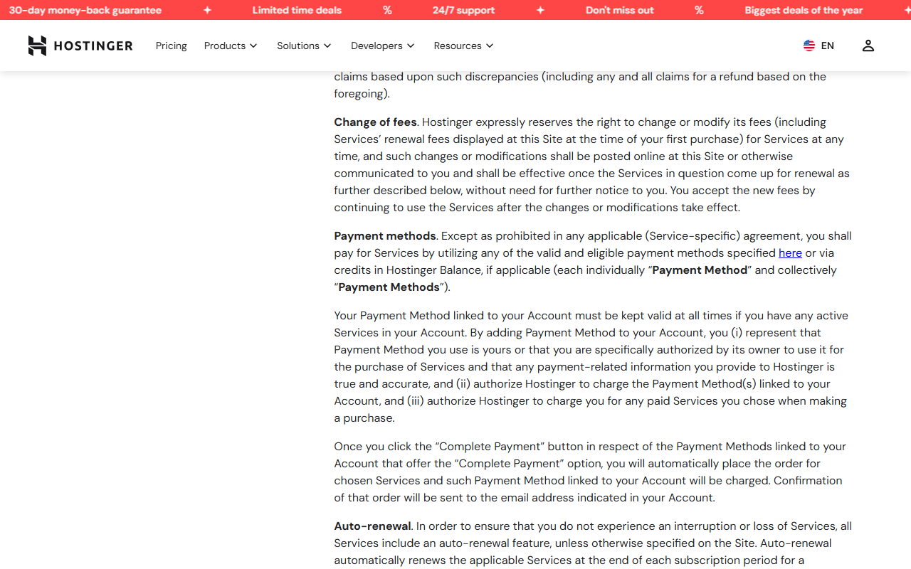 Terms of Service paragraph Change of fees: Hostinger reserves the right to change its fees, including renewal fees displayed at the time of first purchase, effective when the services come up for renewal without further notice; followed by the payment methods paragraph and the start of the auto-renewal paragraph