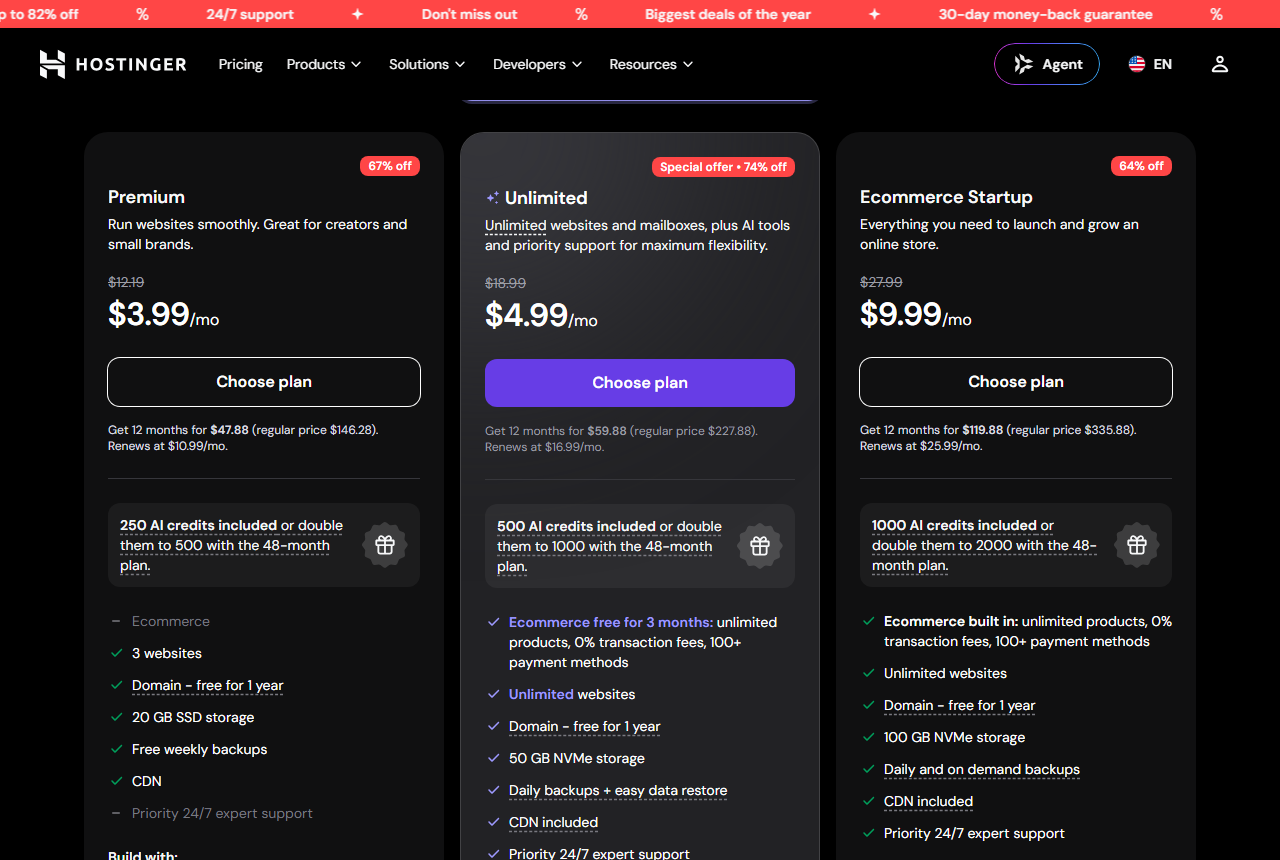Hostinger plan cards with the 12-month term: Premium 3.99 dollars a month, get 12 months for 47.88 dollars, regular price 146.28, renews at 10.99; Unlimited 4.99 dollars, 59.88 for 12 months, renews at 16.99; Ecommerce Startup 9.99 dollars, 119.88 for 12 months, renews at 25.99