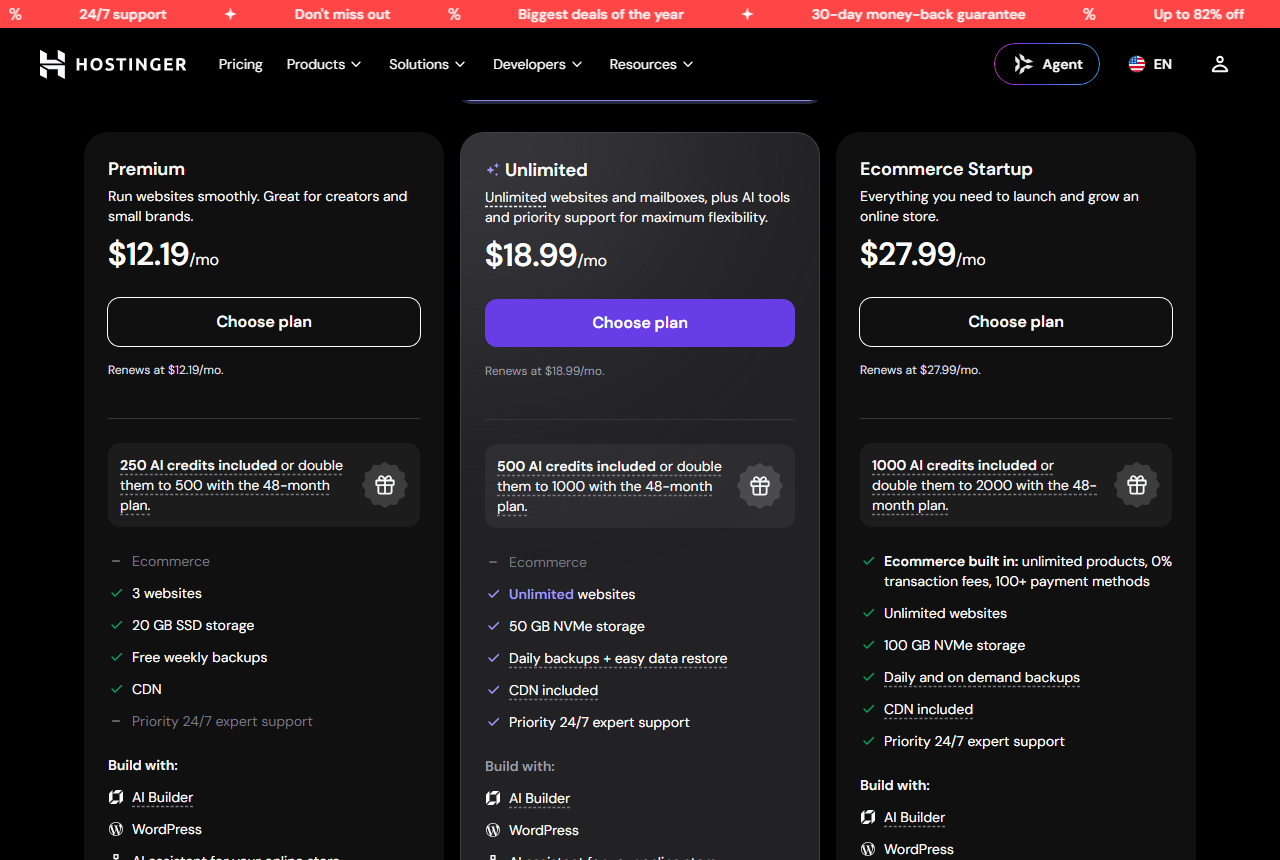 Hostinger plan cards with the 1-month term: Premium 12.19 dollars a month, renews at 12.19; Unlimited 18.99, renews at 18.99; Ecommerce Startup 27.99, renews at 27.99, with no free domain line