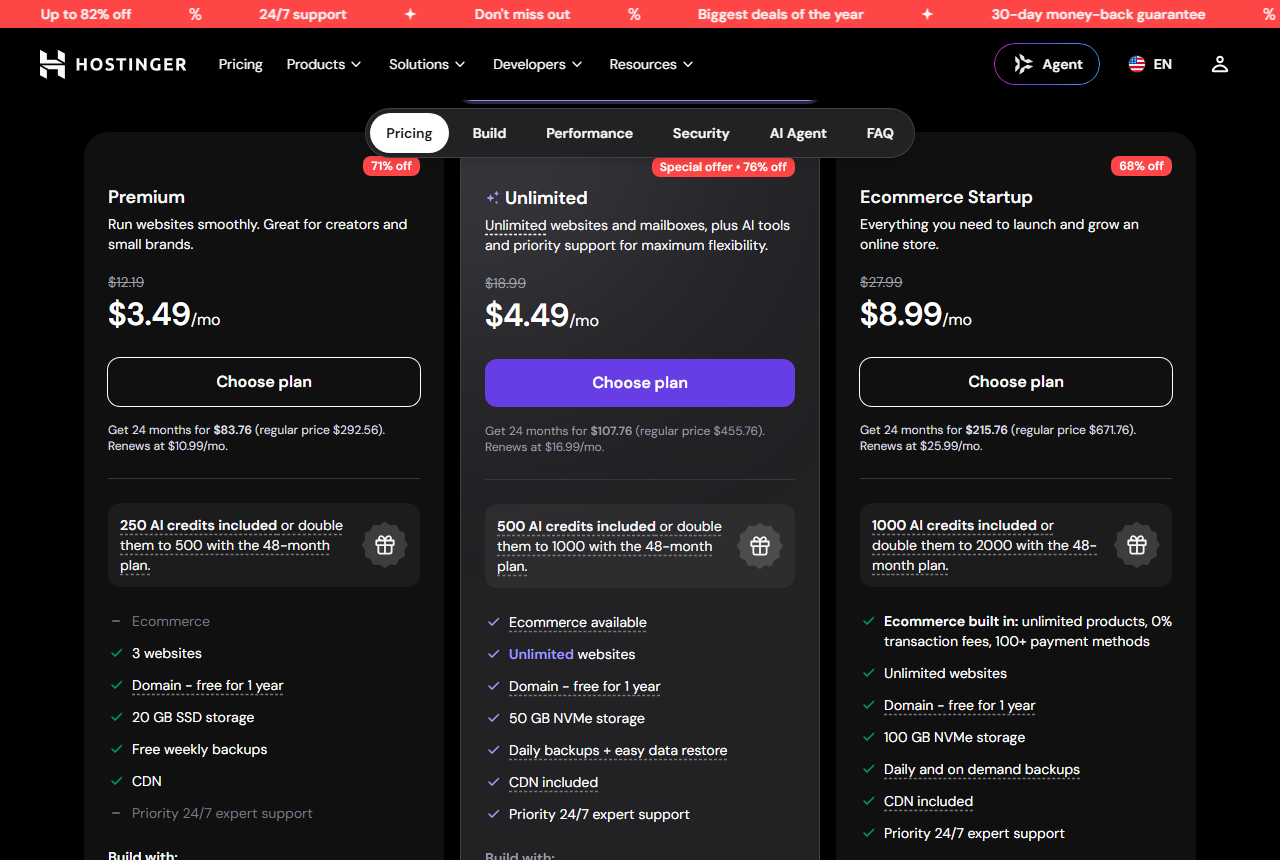 Hostinger plan cards with the 24-month term: Premium 3.49 dollars a month, 83.76 dollars for 24 months, renews at 10.99; Unlimited 4.49 dollars, 107.76 for 24 months, renews at 16.99; Ecommerce Startup 8.99 dollars, 215.76 for 24 months, renews at 25.99