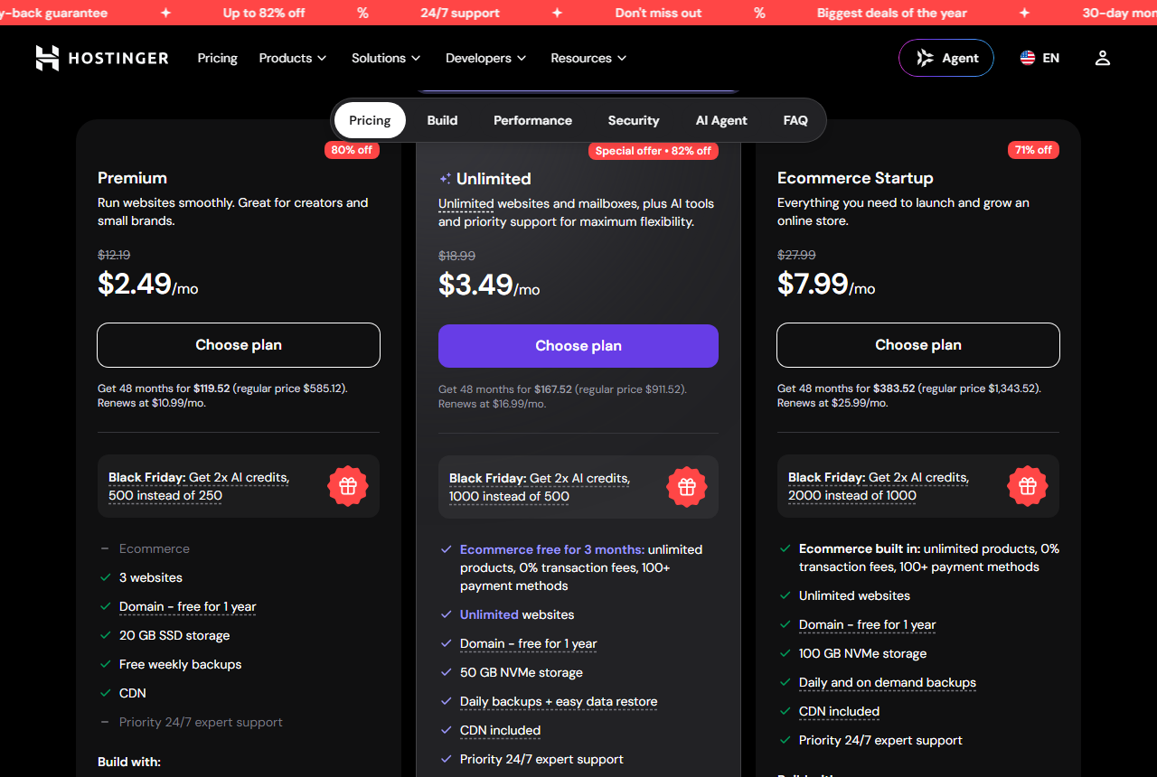 Hostinger web hosting plan cards on the 48-month term: Premium at 2.49 dollars a month, struck through from 12.19, with the line Get 48 months for 119.52 dollars, renews at 10.99 dollars a month; Unlimited at 3.49 dollars renewing at 16.99; and a third plan at 7.99 dollars renewing at 25.99, each with a Black Friday offer of double AI credits