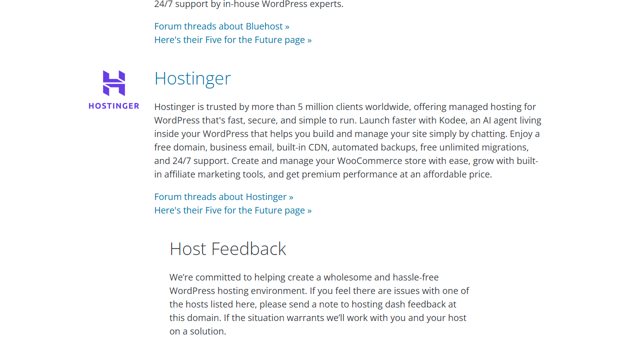 WordPress.org hosting page entry for Hostinger with its purple H logo and a paragraph saying Hostinger is trusted by more than 5 million clients worldwide, offering managed hosting for WordPress, followed by links to forum threads about Hostinger and its Five for the Future page