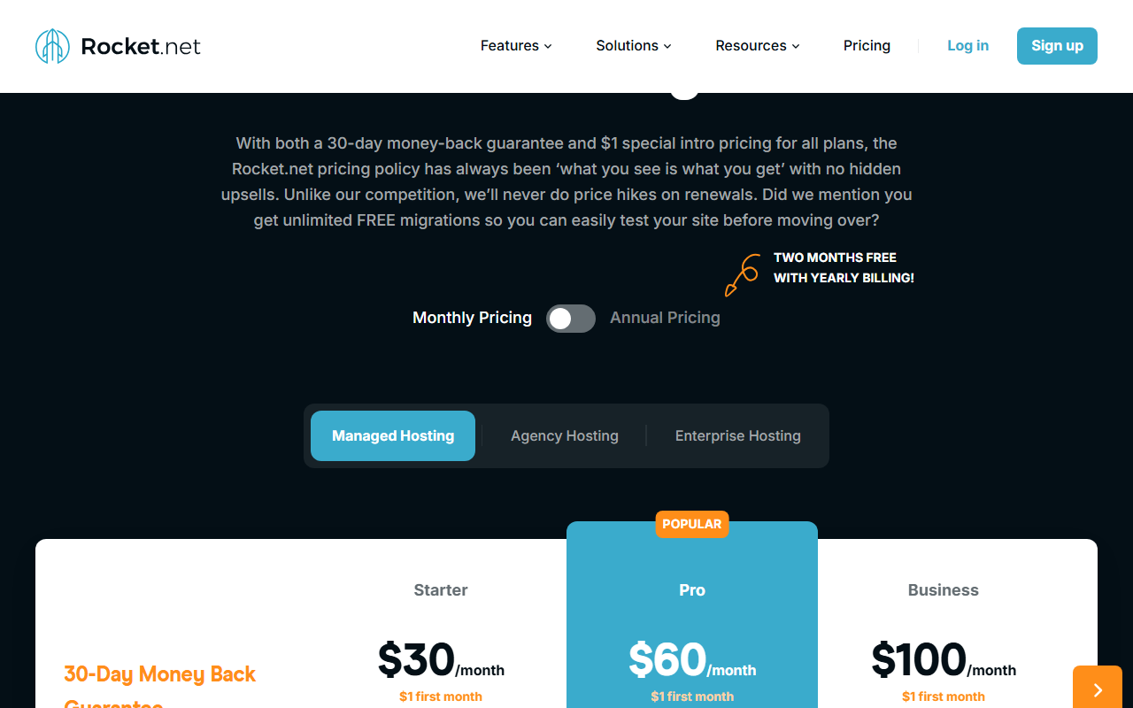Rocket.net pricing page describing a 30-day money-back guarantee, 1 dollar intro pricing and no price hikes on renewals, a Monthly Pricing switch with two months free on yearly billing, and Managed Hosting plans Starter 30 dollars a month, Pro 60 dollars and Business 100 dollars, each 1 dollar for the first month