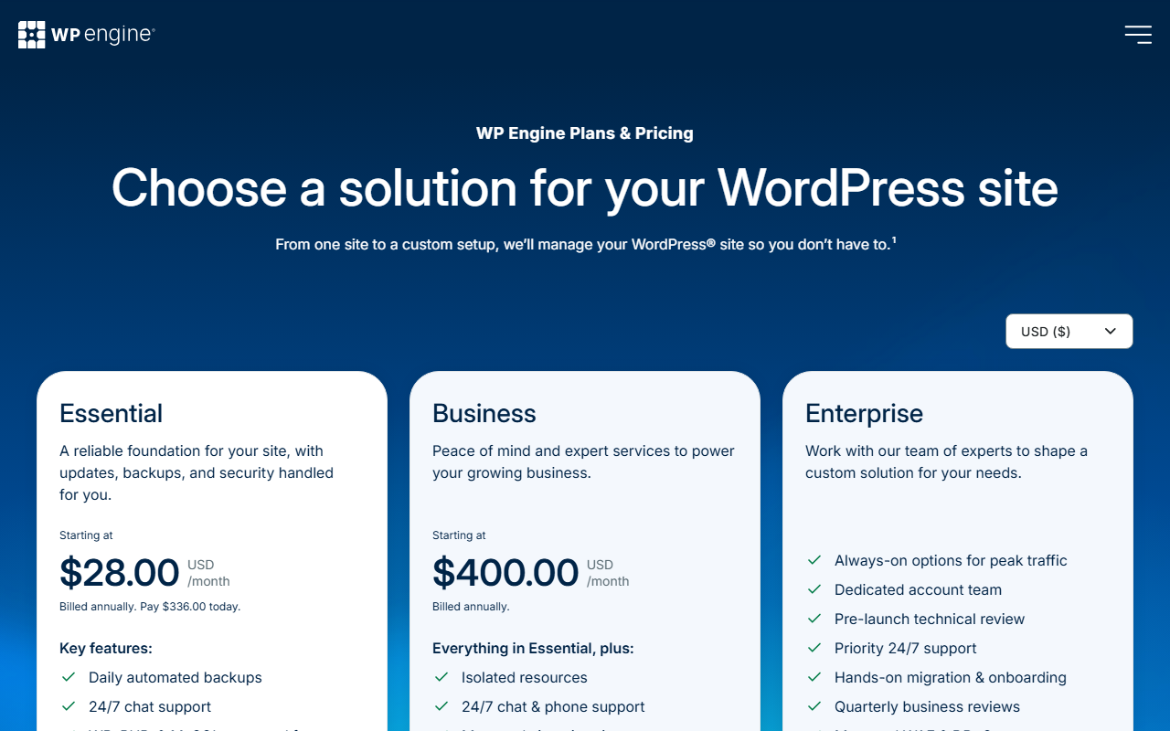 WP Engine Plans and Pricing page headed Choose a solution for your WordPress site, with Essential starting at 28 dollars a month billed annually, pay 336 dollars today, Business starting at 400 dollars a month billed annually, and Enterprise with always-on options for peak traffic and a dedicated account team