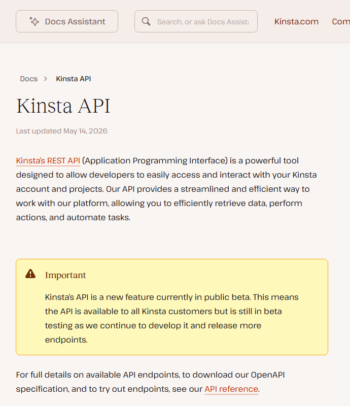 Kinsta help center page Kinsta API, last updated May 14, 2026, describing the REST API for accessing your Kinsta account and projects, with an Important box: Kinsta's API is a new feature currently in public beta, available to all Kinsta customers but still in beta testing while more endpoints are released
