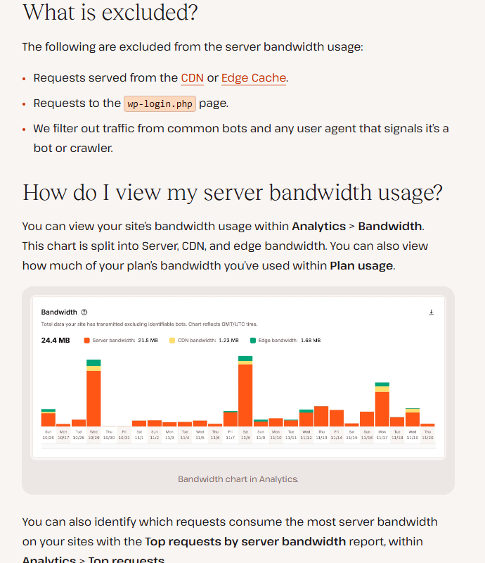 Kinsta help center section What is excluded from server bandwidth: requests served from the CDN or edge cache, requests to wp-login.php and traffic from common bots or any user agent that signals it is a bot, followed by How do I view my server bandwidth usage with a sample Analytics bandwidth chart split into server, CDN and edge bandwidth