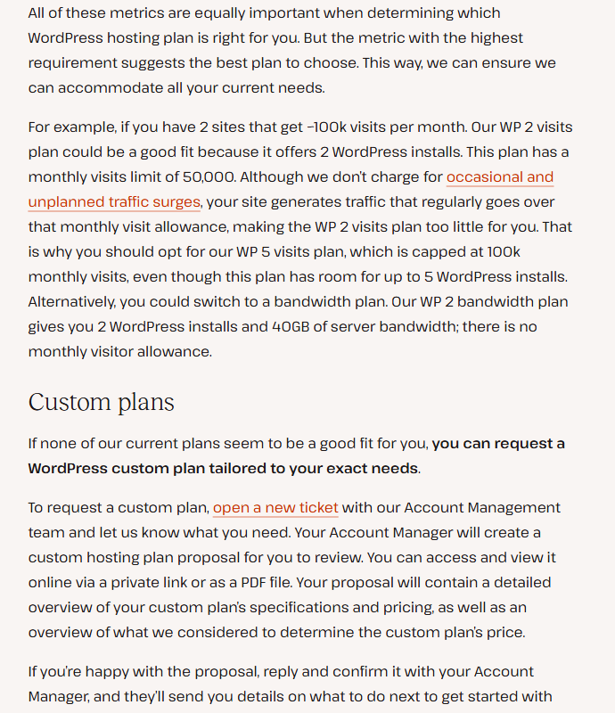 Kinsta help center example: with 2 sites at about 100k visits a month the WP 2 visits plan has a monthly visits limit of 50,000, so opt for the WP 5 visits plan, capped at 100k monthly visits, or a WP 2 bandwidth plan with 40GB of server bandwidth