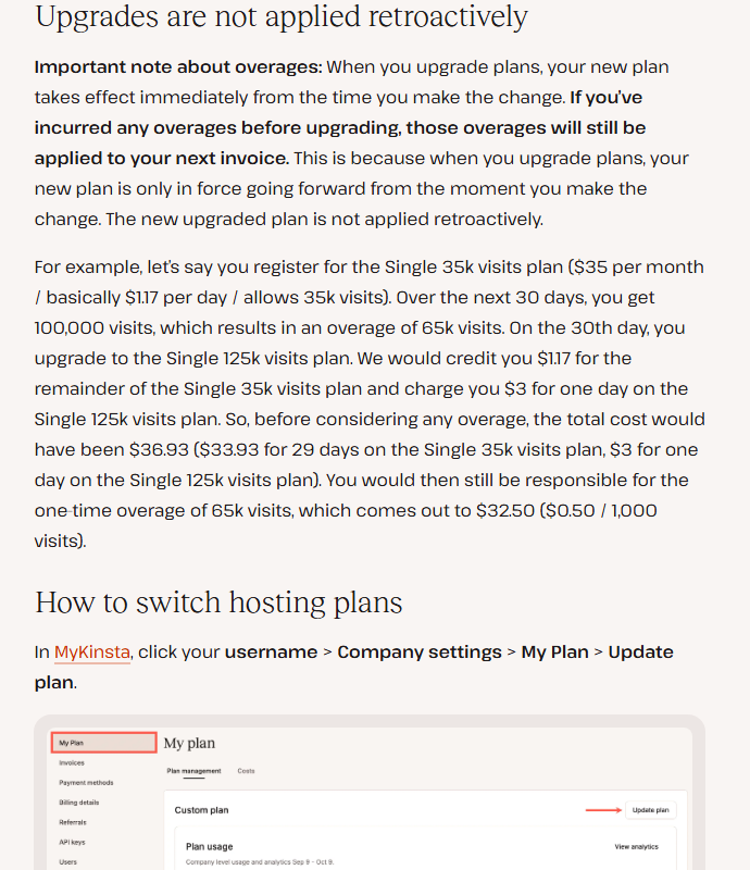 Kinsta help center section Upgrades are not applied retroactively: a new plan takes effect from the moment of the change and overages incurred before upgrading are still applied to the next invoice; example of a Single 35k visits plan at 35 dollars a month that gets 100,000 visits, upgrades to Single 125k on day 30, pays 36.93 dollars in plan fees and still owes a one-time overage of 32.50 dollars at 0.50 dollars per 1,000 visits; below, the start of How to switch hosting plans with a sample MyKinsta My plan screen