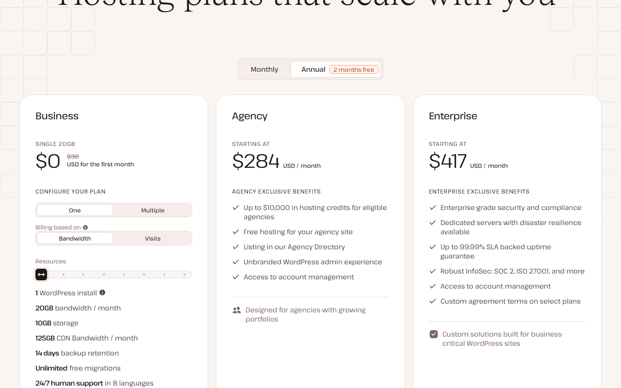 Kinsta pricing page with Annual billing and a 2 months free tag selected, showing Business Single 20GB at 0 dollars for the first month with 30 dollars struck through, Agency starting at 284 dollars a month and Enterprise starting at 417 dollars a month, with the Single 20GB resources listed: 1 WordPress install, 20GB bandwidth a month, 10GB storage, 125GB CDN bandwidth, 14 days backup retention, unlimited free migrations, 24/7 human support in 8 languages