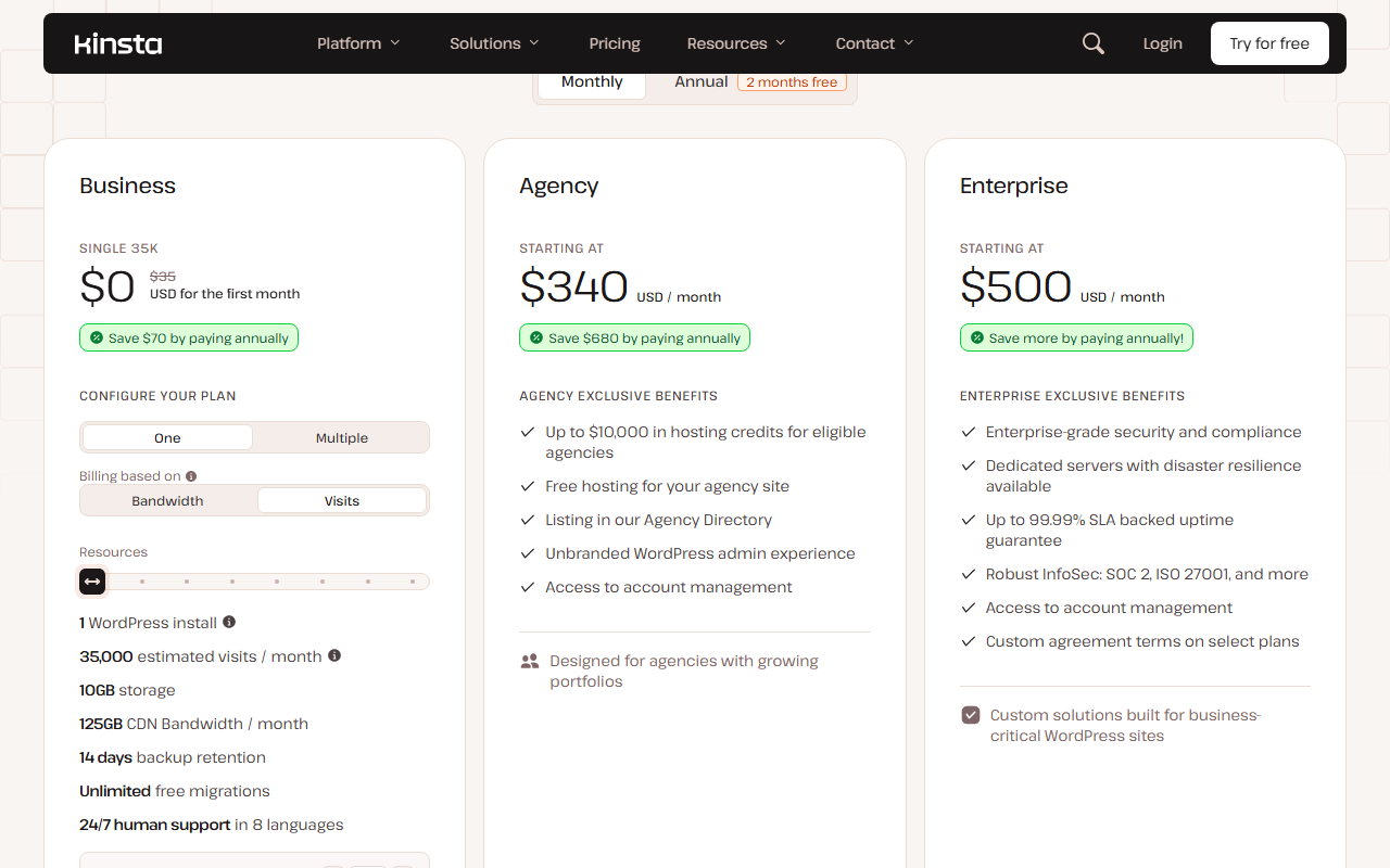 Kinsta pricing card on monthly billing with Visits selected, showing Single 35K at 0 dollars for the first month with 35 dollars struck through and 35,000 estimated visits a month, 10GB storage and 125GB CDN bandwidth